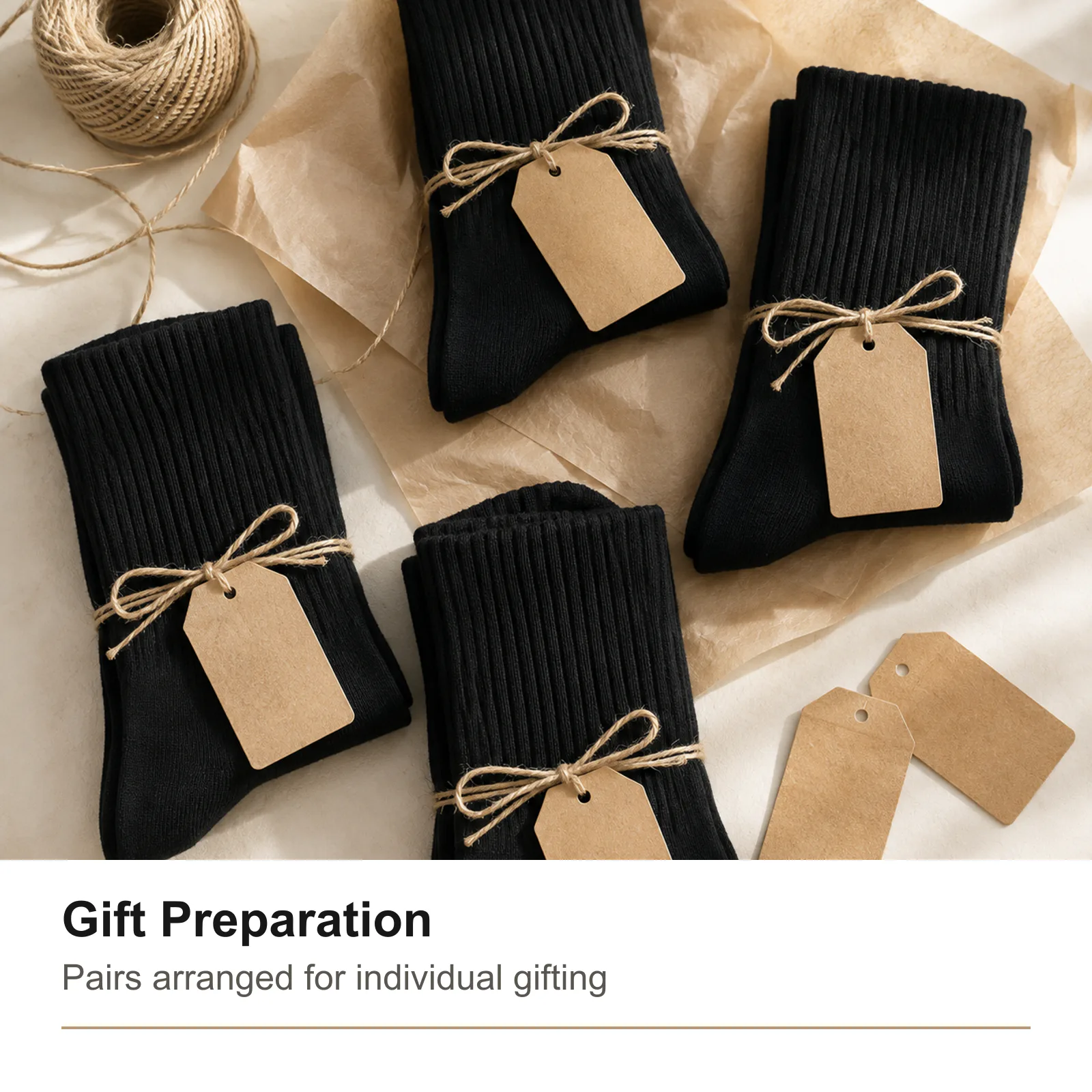 Black sock pairs prepared for individual gifting