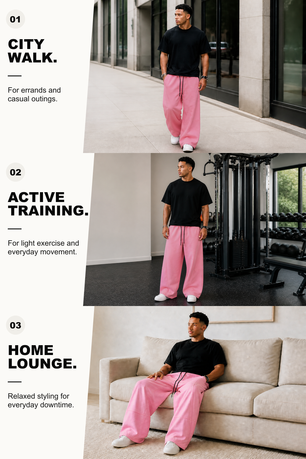 Pink wide-leg sweatpants in a city walking setting