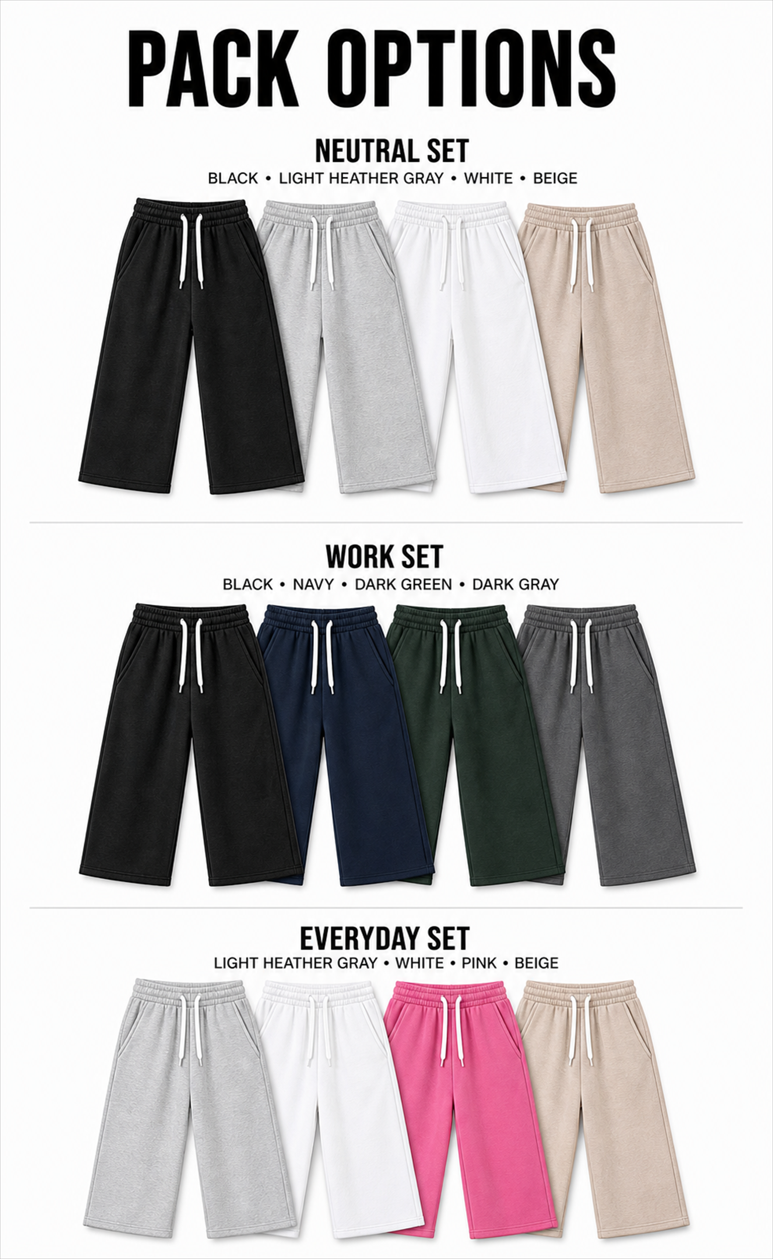 Pack options showing the exact Neutral, Work and Everyday four-pack color combinations in natural unstretched proportions