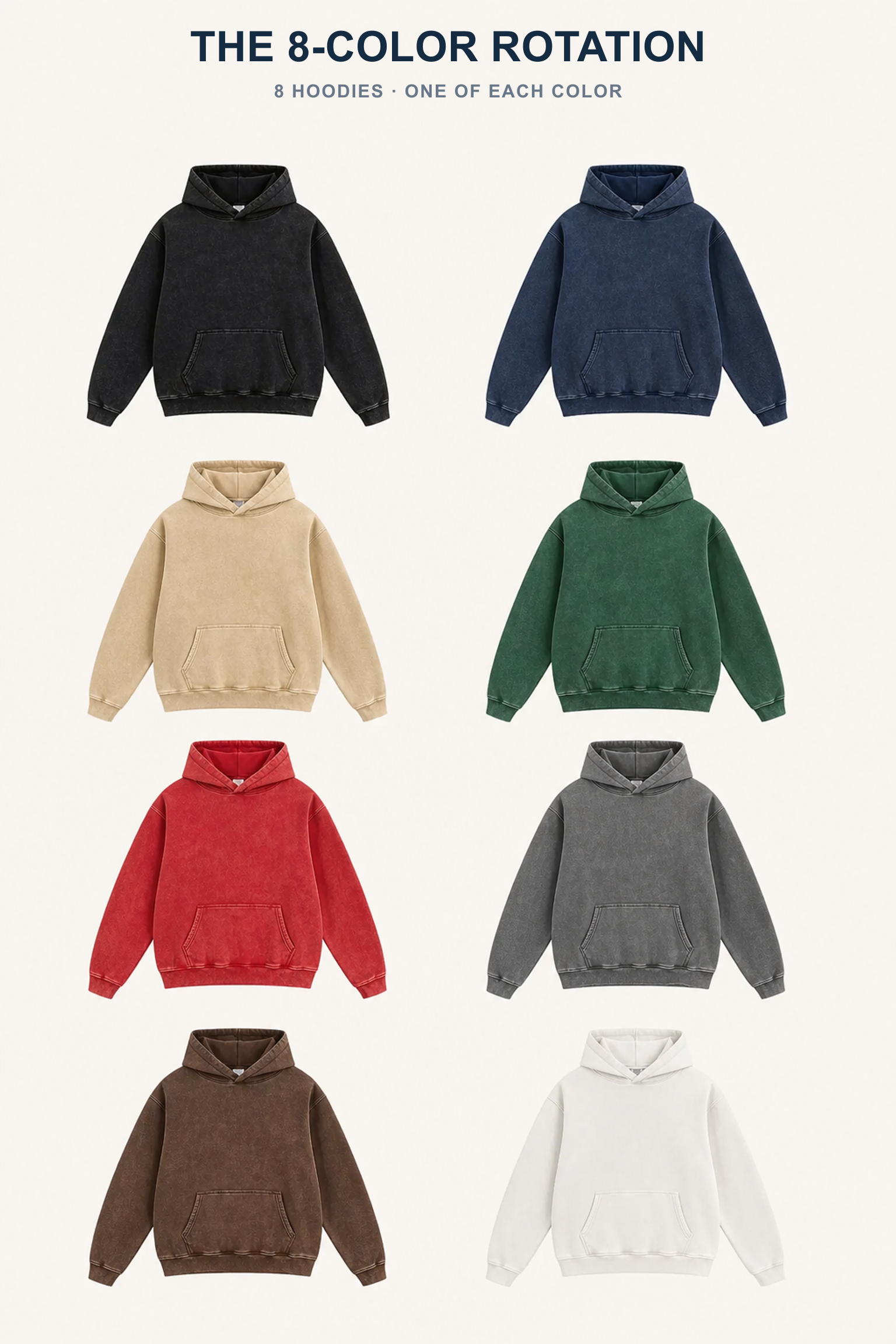 Eight independently generated washed pullover hoodies arranged in a two-column four-row assortment: Black Navy Beige Green Red Gray Brown and White