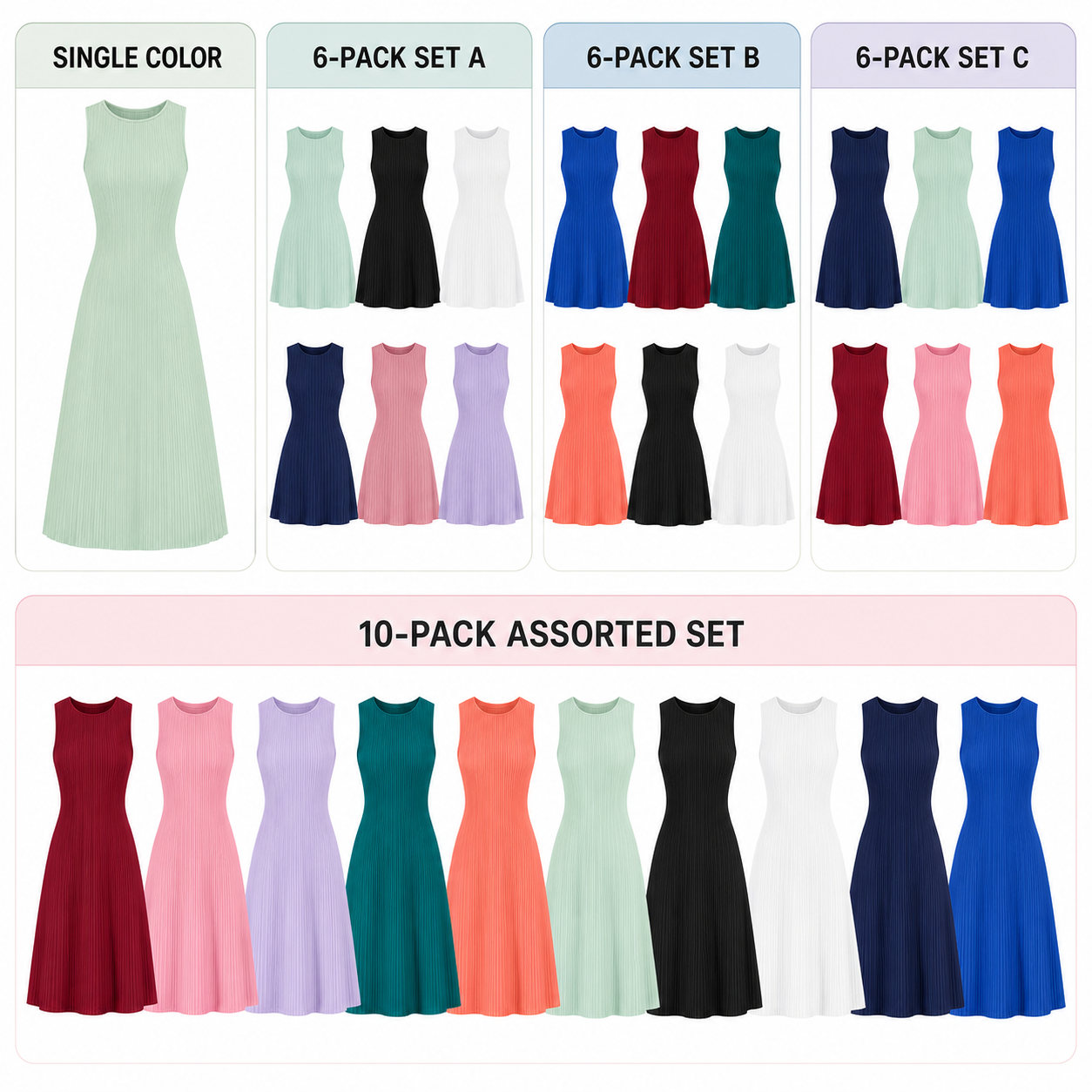 Single color 6-Pack Sets A B C and 10-Pack Assorted Set purchase structure