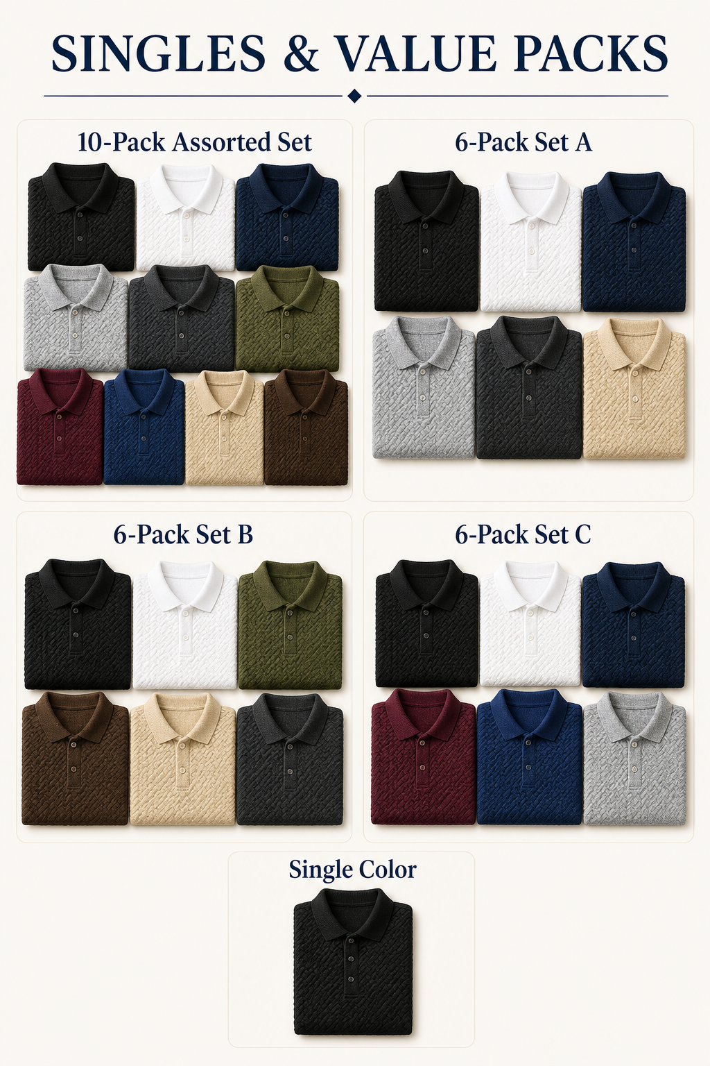 Single color, 6-Pack Sets A B C and 10-Pack Assorted Set composition