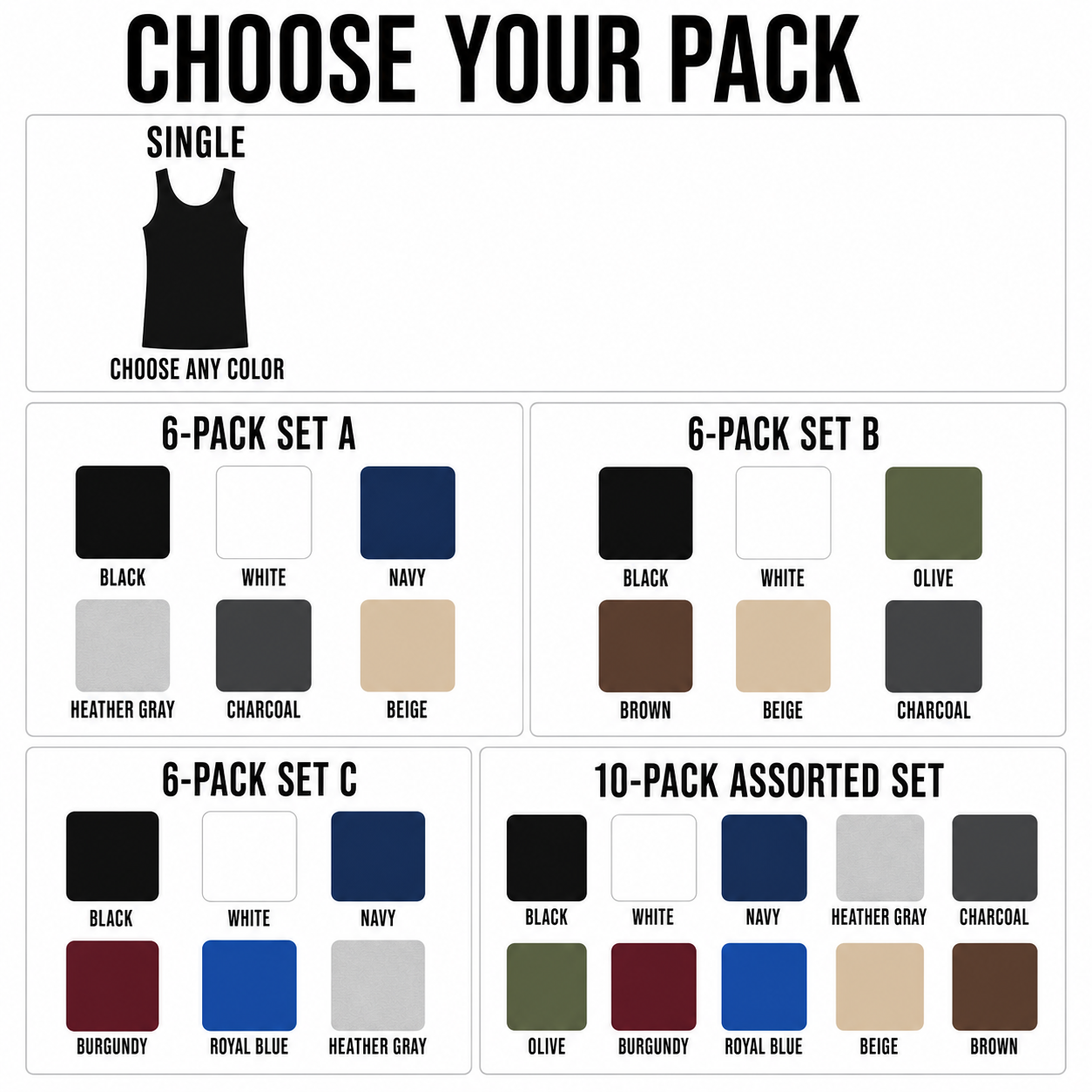 Single, 6-Pack Sets A B C and 10-Pack Assorted Set color composition