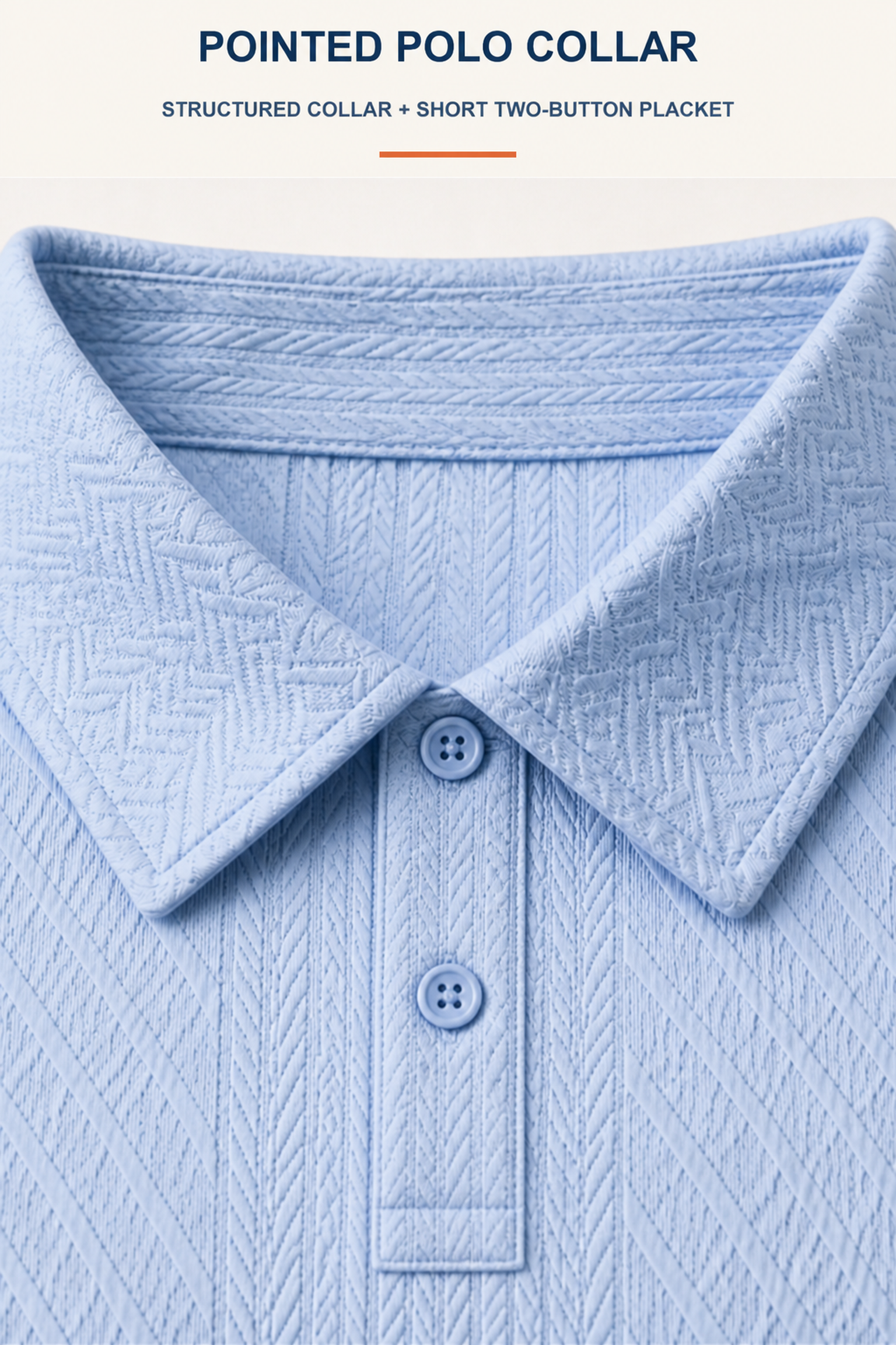 Pointed polo collar and short centered two-button placket shown in a dedicated large close-up
