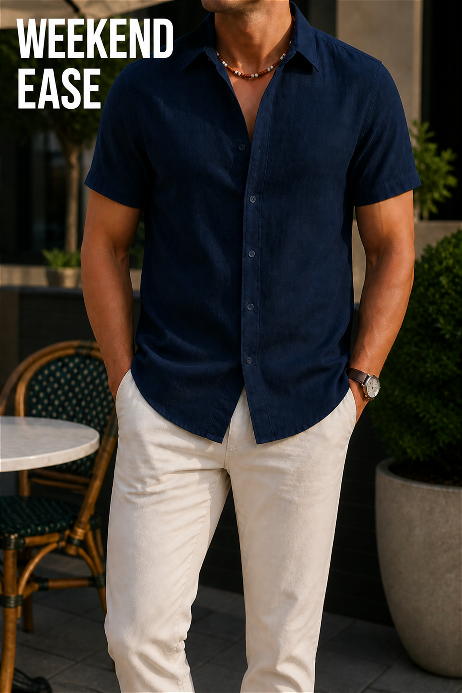 Navy short sleeve button up shirt in a relaxed American weekend cafe setting