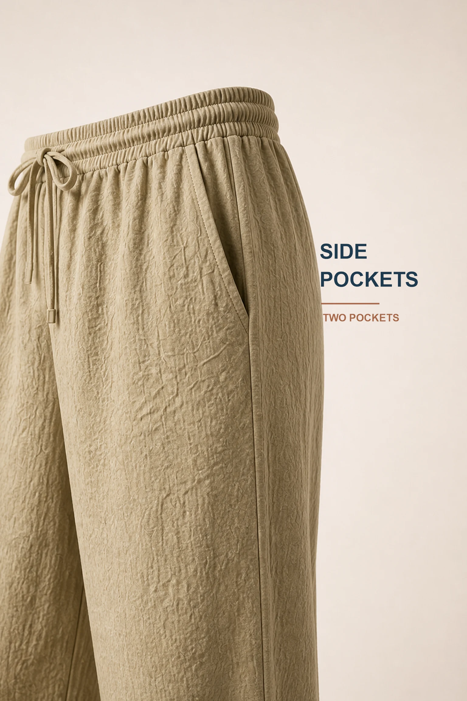 Close detail of practical side pocket opening