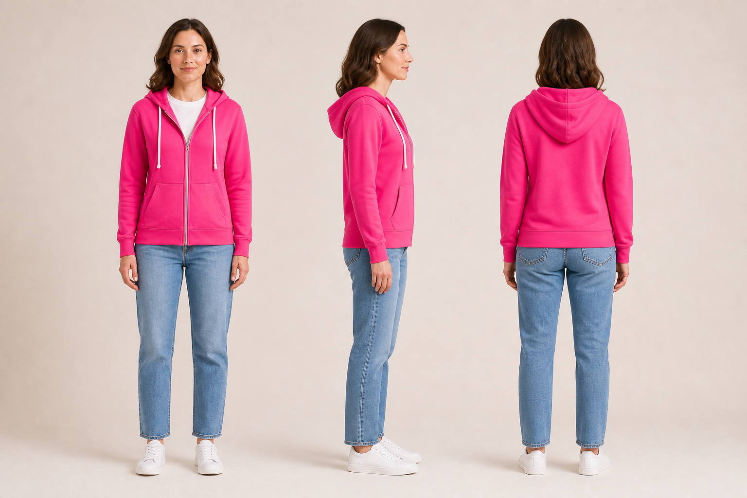 Front, side and back views of an adult woman wearing the same rose red loose-fit full-zip hoodie over a plain white tee