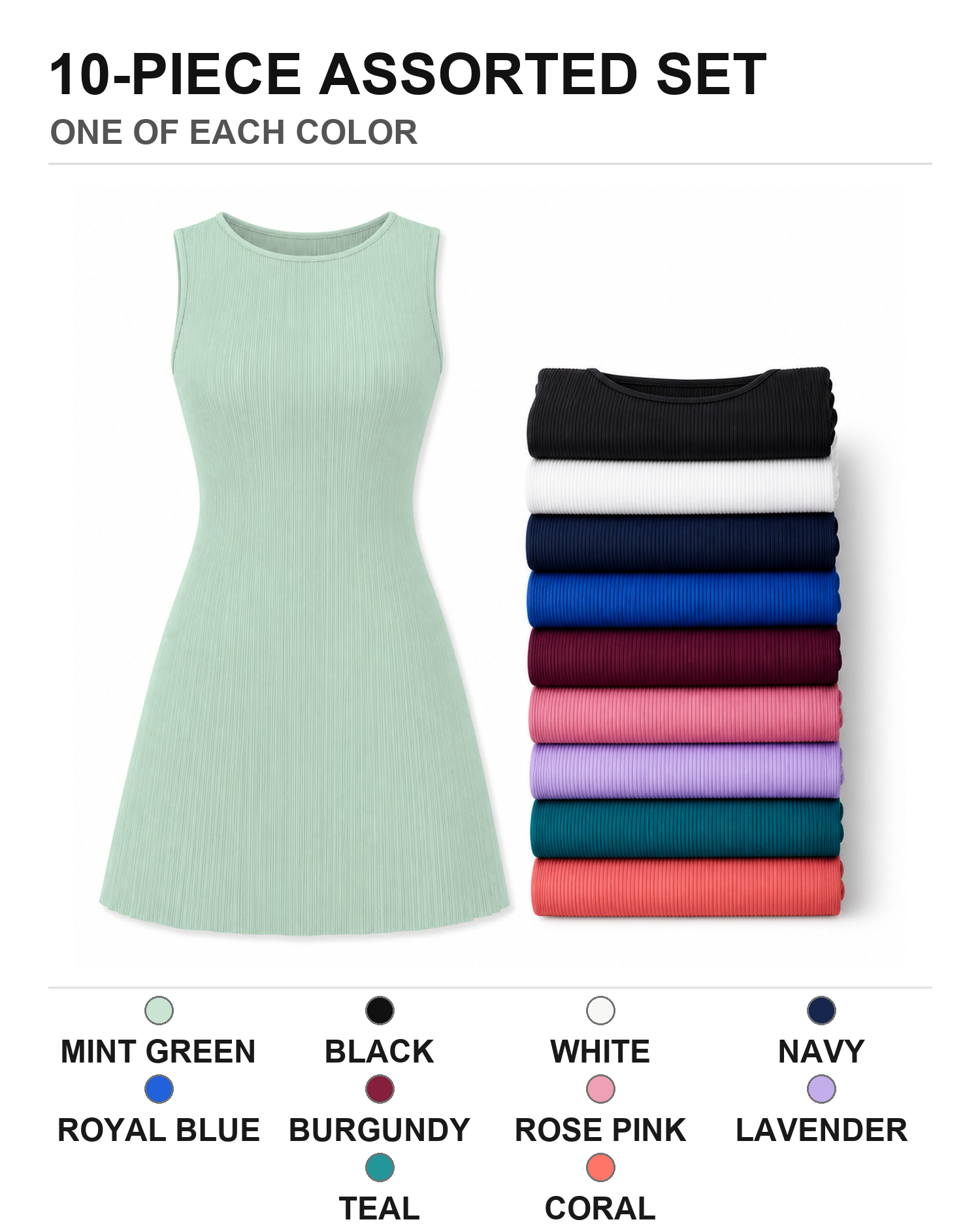 Ten-pack assorted set with all ten pleated A-line mini dress colors