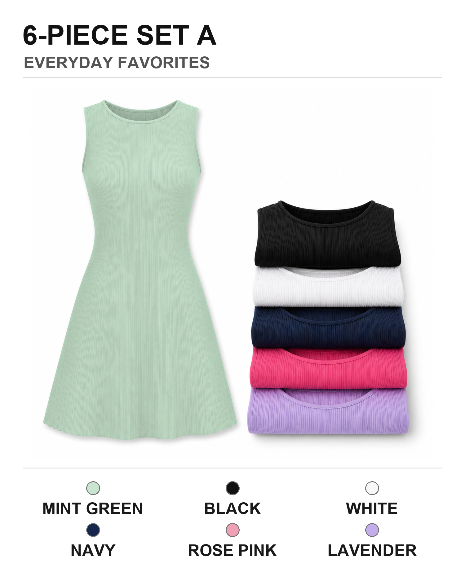 Six-pack set A with Mint Green Black White Navy Rose Pink and Lavender dresses