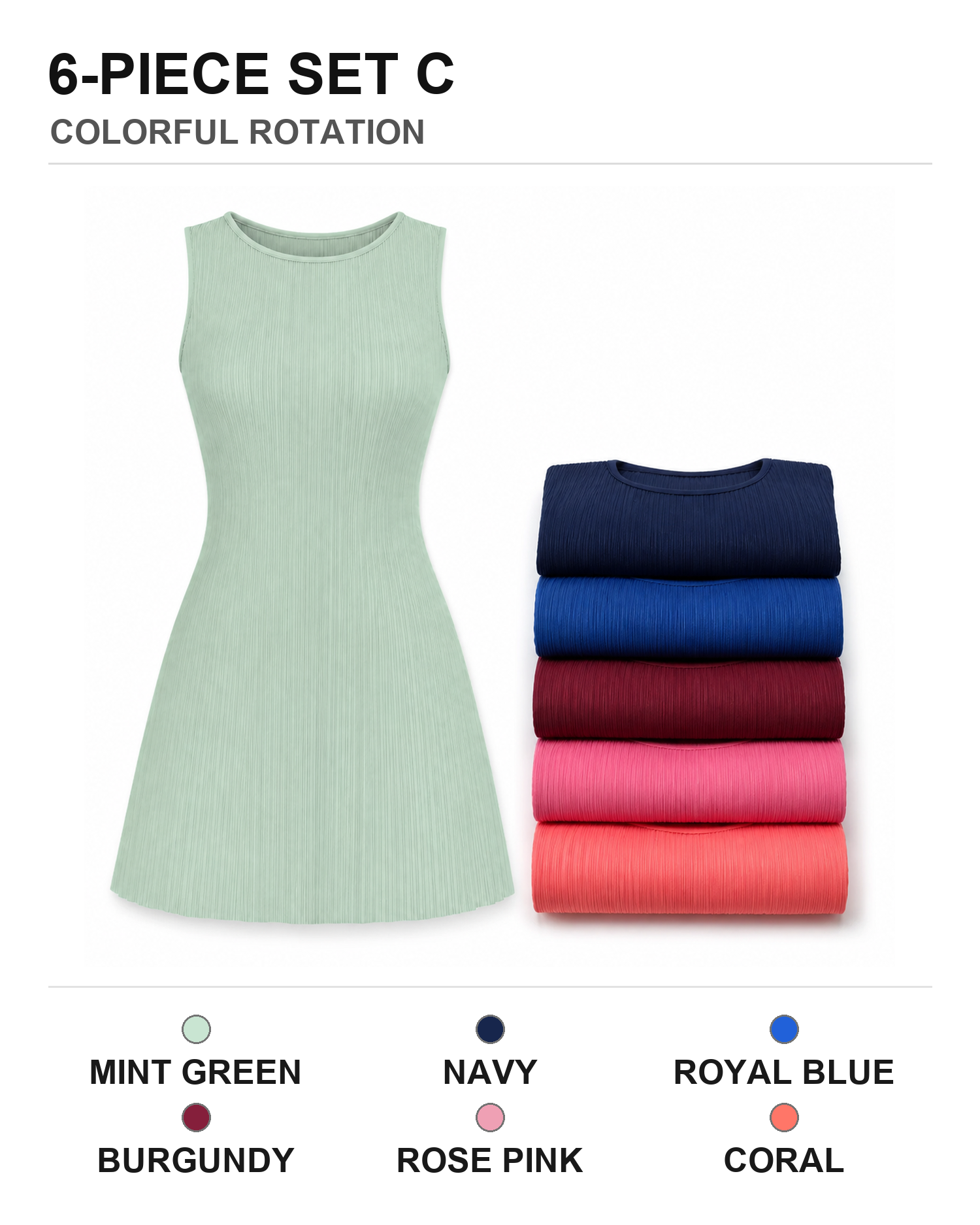 Six-pack set C with Mint Green Navy Royal Blue Burgundy Rose Pink and Coral dresses