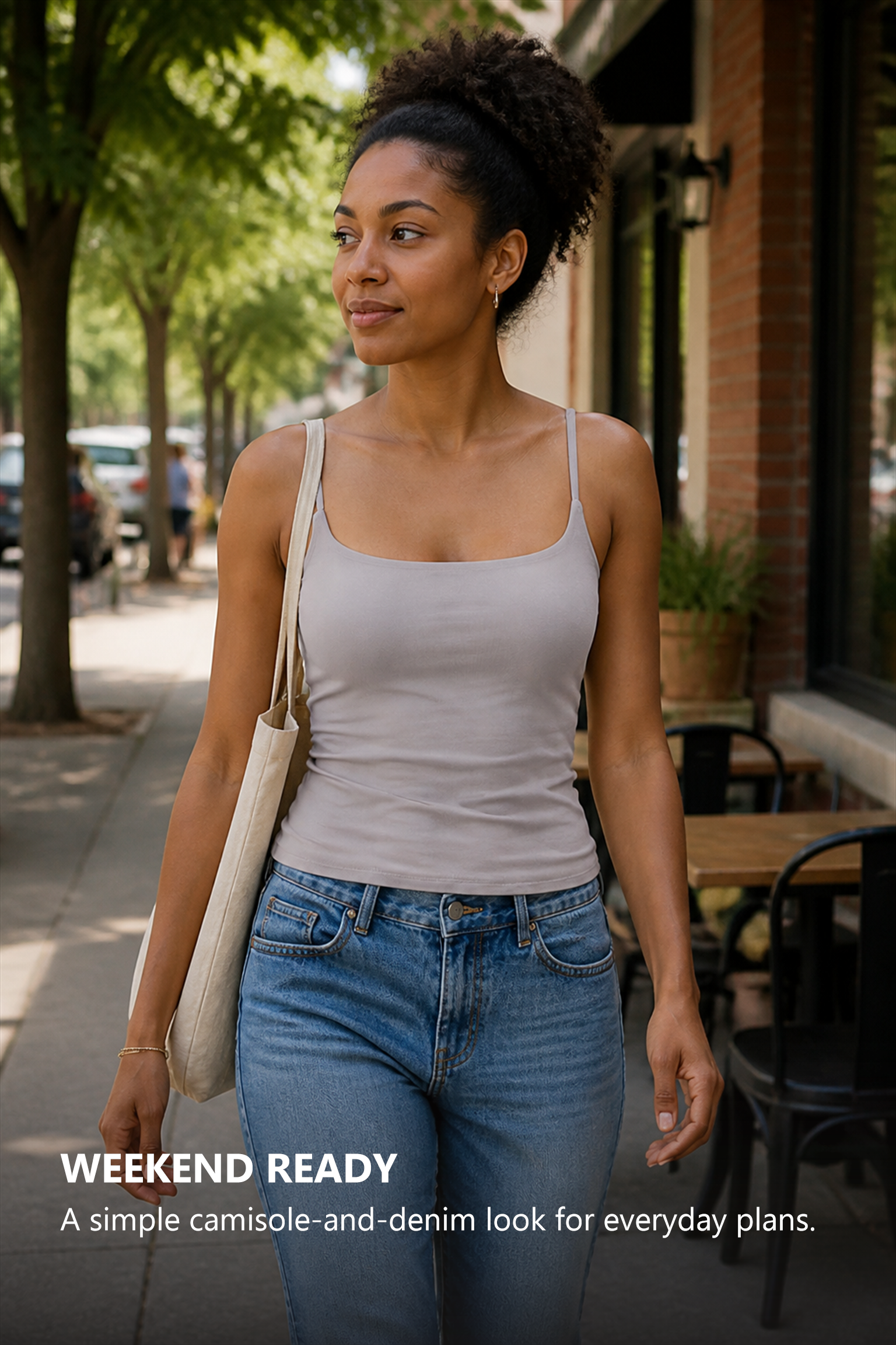 Adult woman wearing the smooth beige camisole with denim on a neighborhood cafe sidewalk