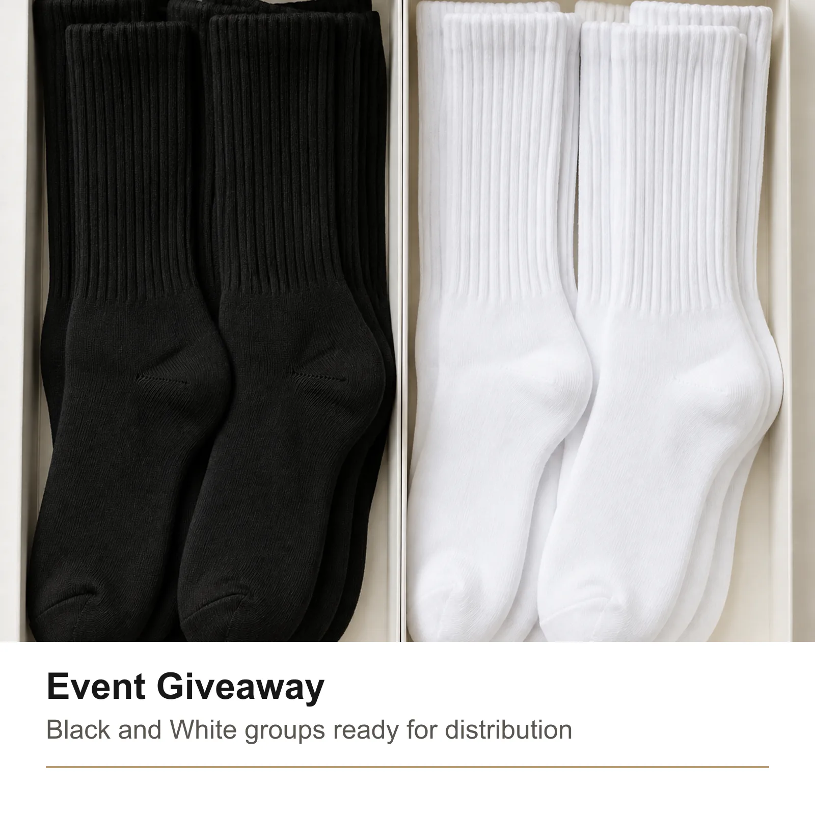 Black and White sock pairs arranged for an event giveaway