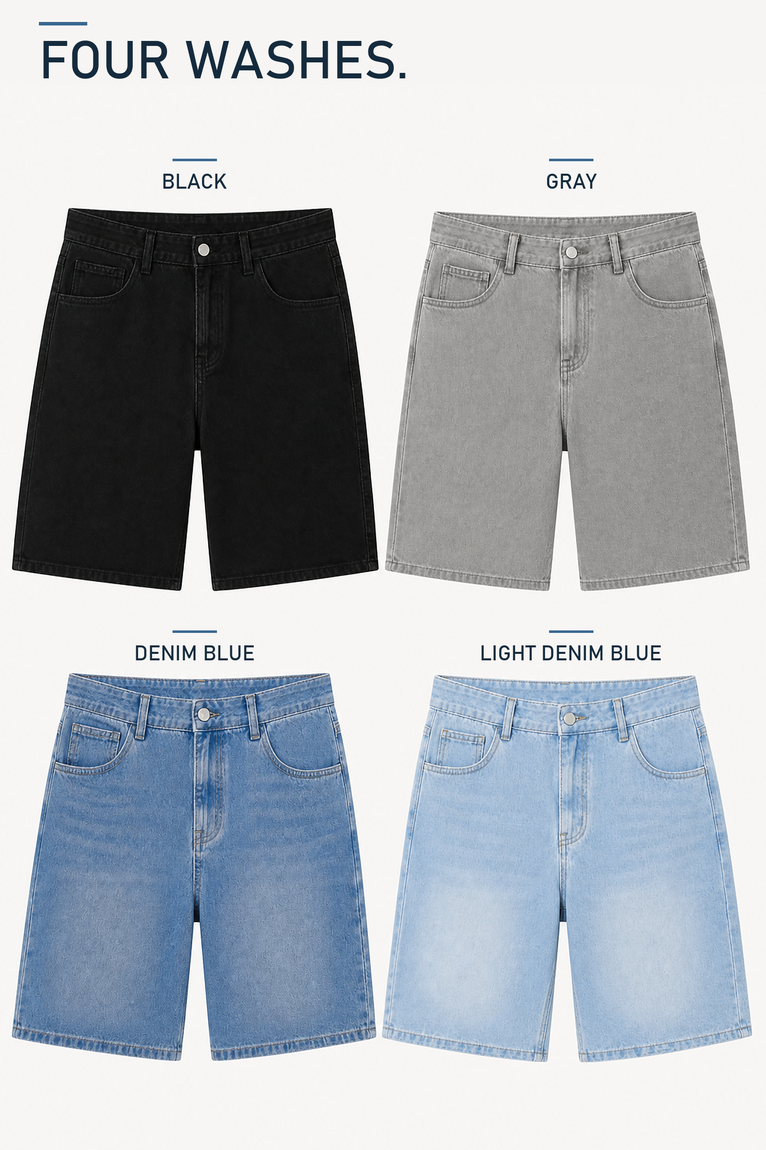 Black Gray Denim Blue and Light Denim Blue shorts shown completely in a two-by-two layout