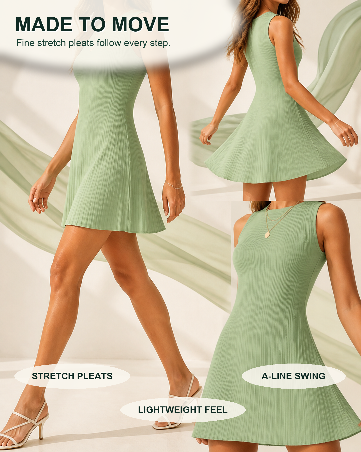 Faceless model wearing the mint green pleated mini dress in walking and turning movement