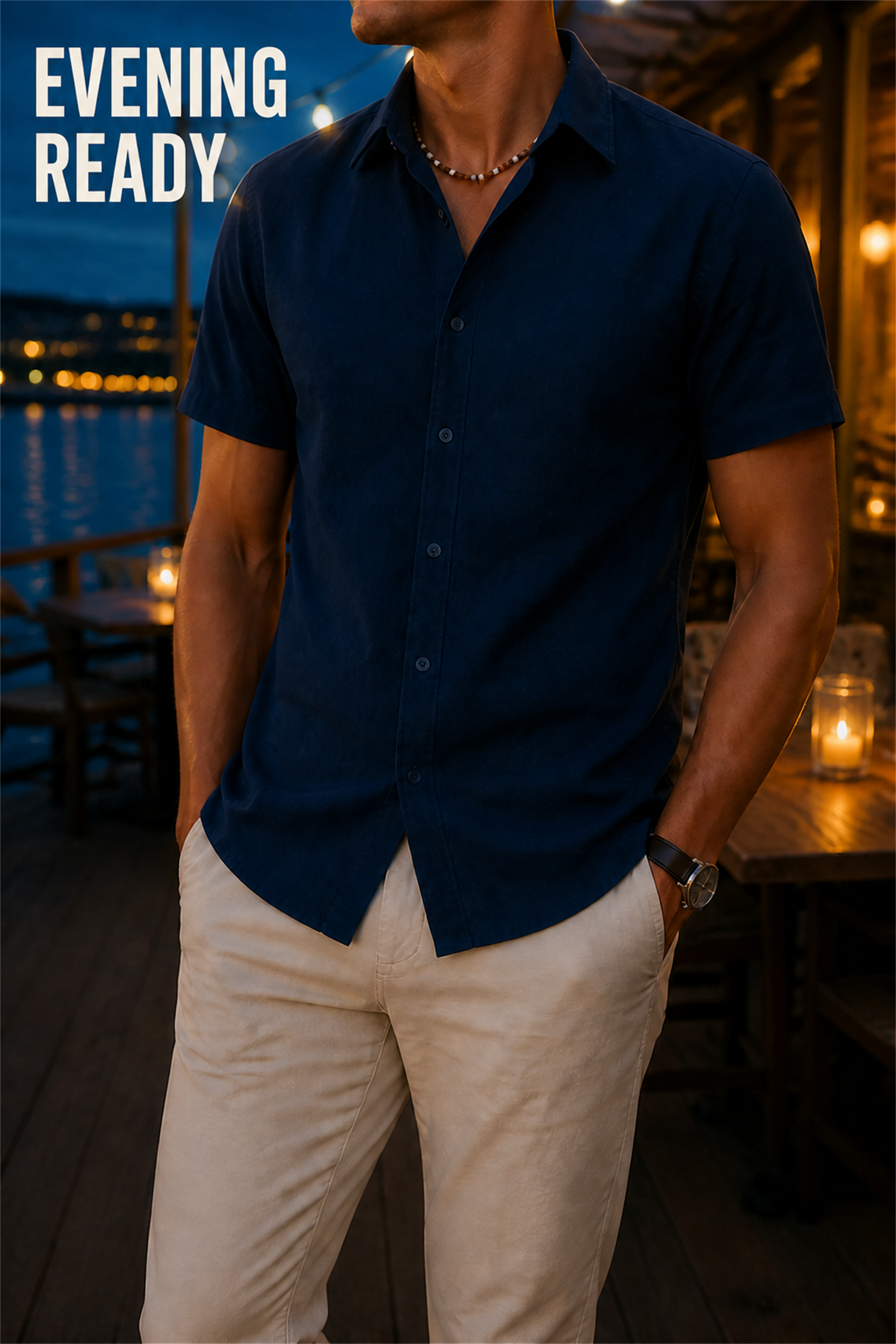 Navy short sleeve button up shirt at a waterfront evening restaurant terrace