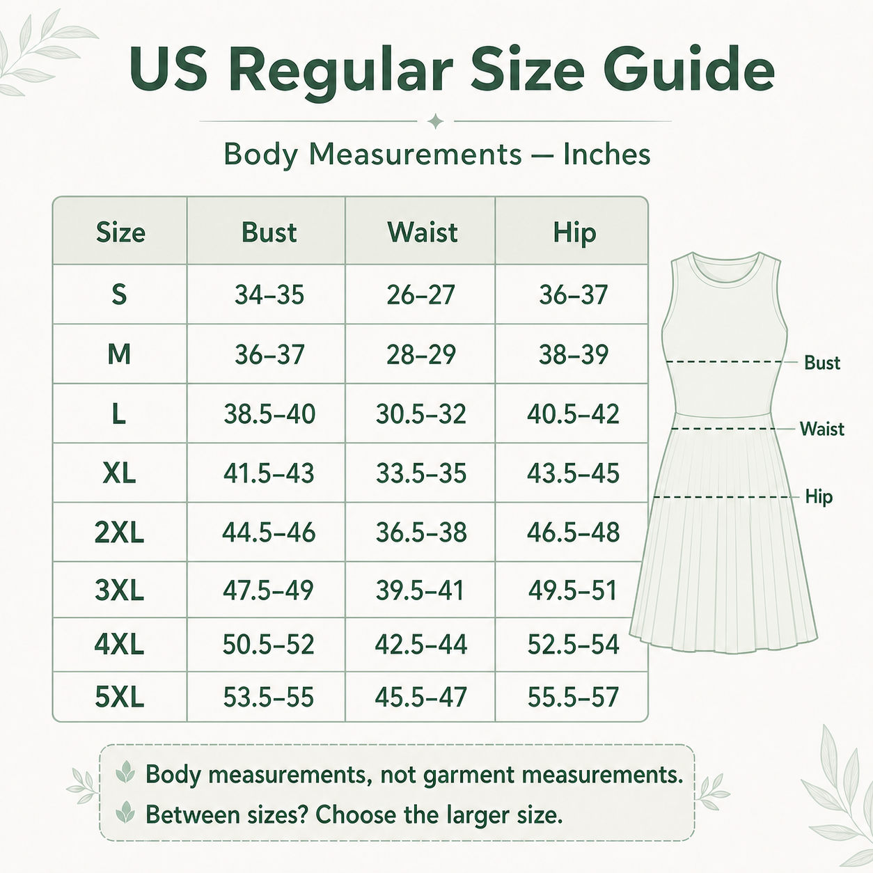 US regular women body measurements in inches for sizes S through 5XL