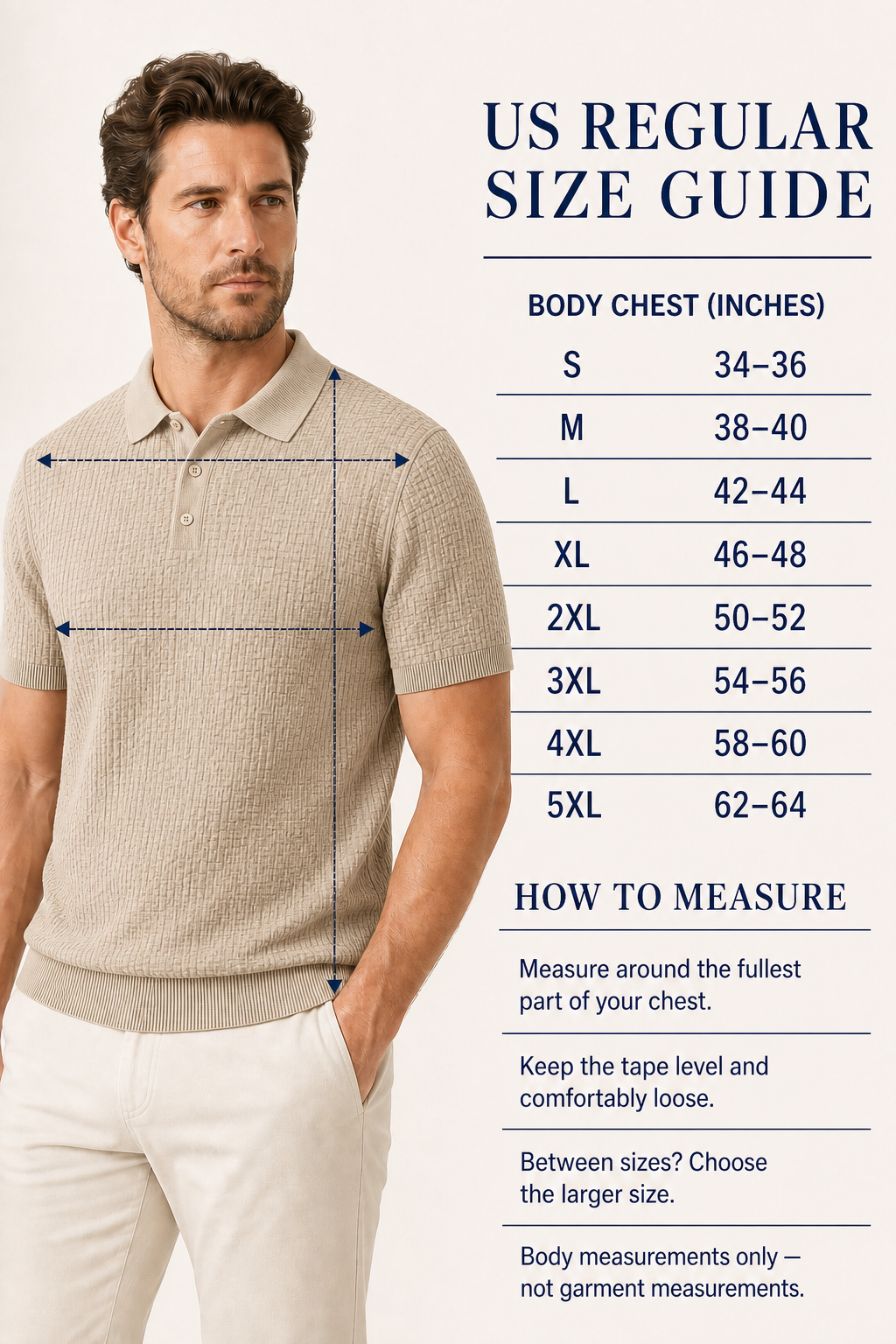 US regular size guide with body chest measurements in inches for S through 5XL
