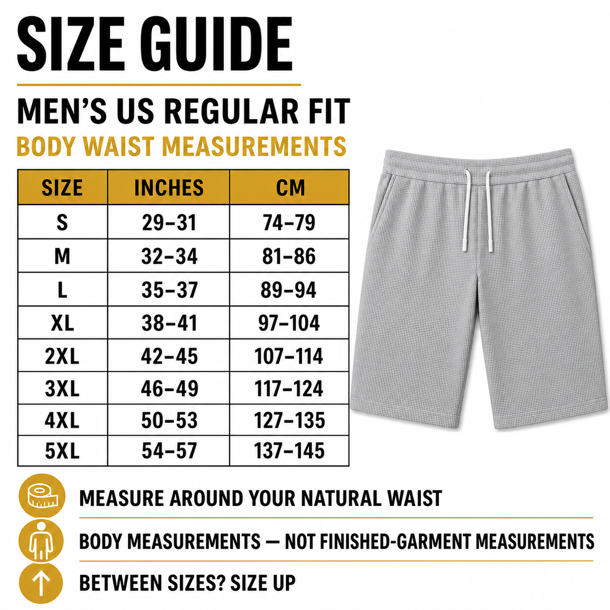 US men's regular size guide with body waist references in inches and centimeters
