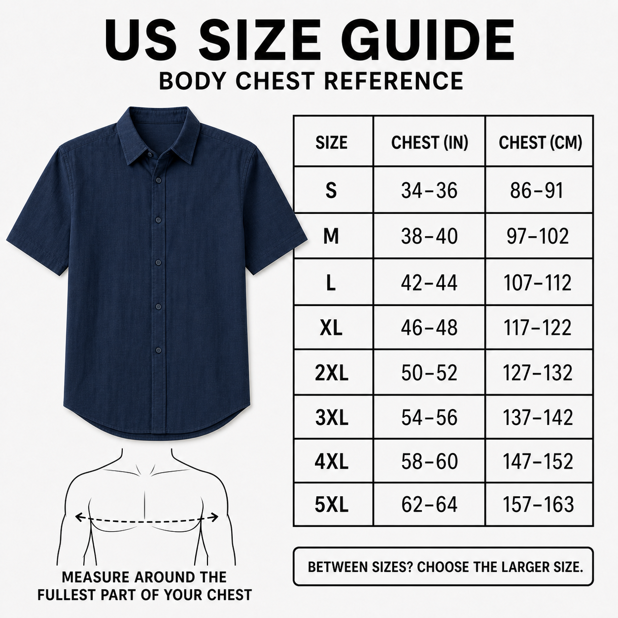 US men's regular size guide with body chest reference in inches and centimeters
