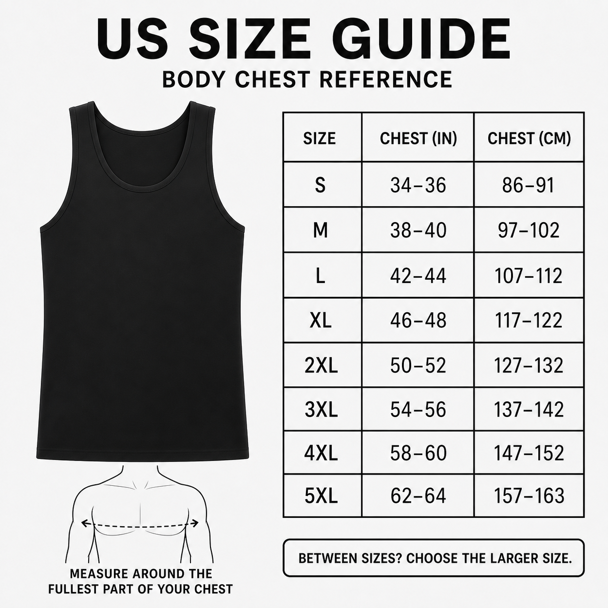 US body chest reference size guide in inches and centimeters
