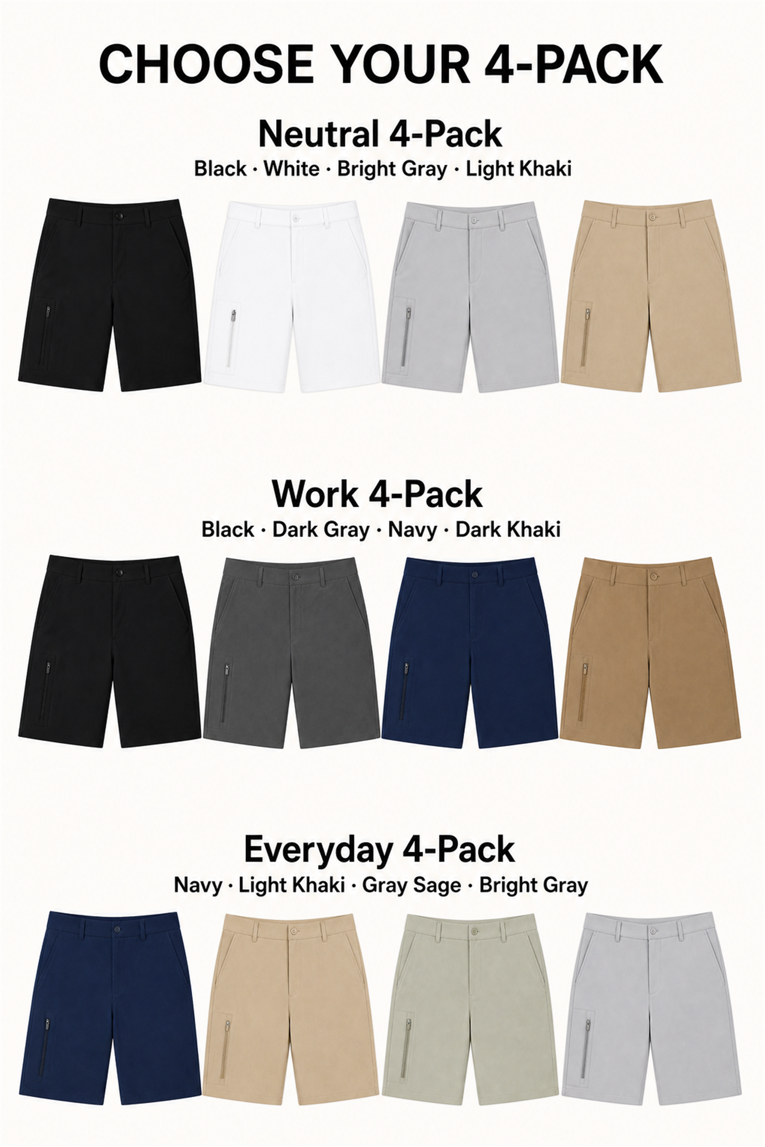 Neutral, work and everyday four-pack golf shorts sets