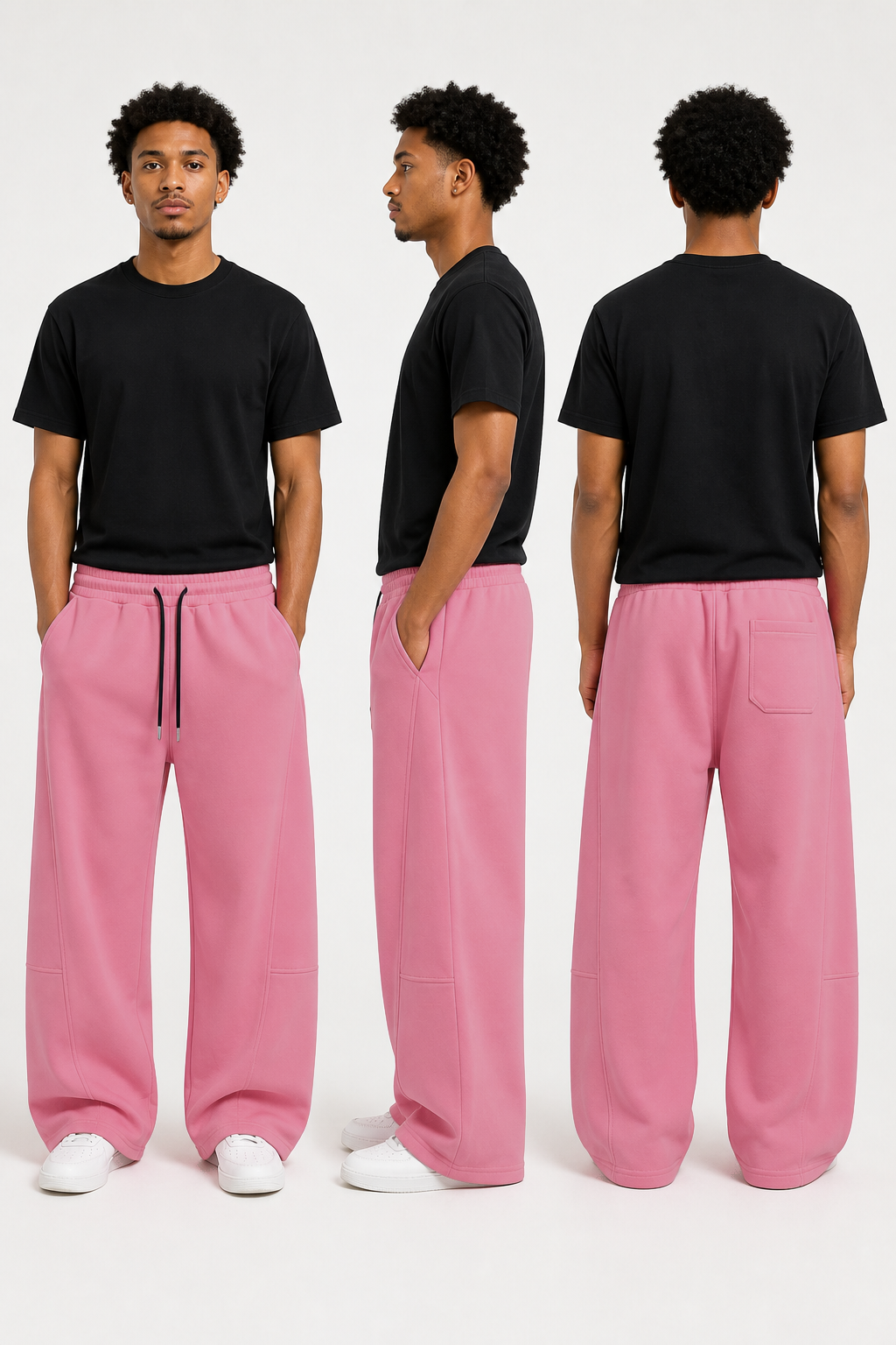 Front side and back views of pink wide-leg sweatpants