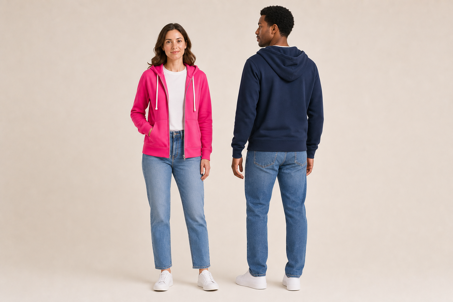Adult woman in rose red from the front and adult man in navy blue from the rear wearing the same full-zip hoodie structure