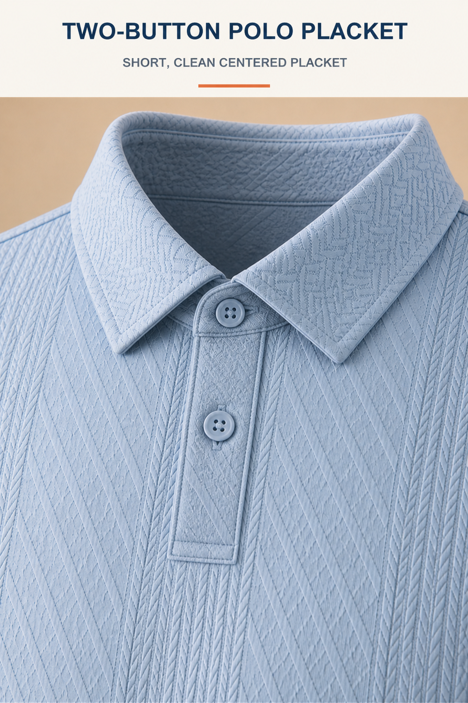 Short clean centered polo placket with exactly two visible buttons
