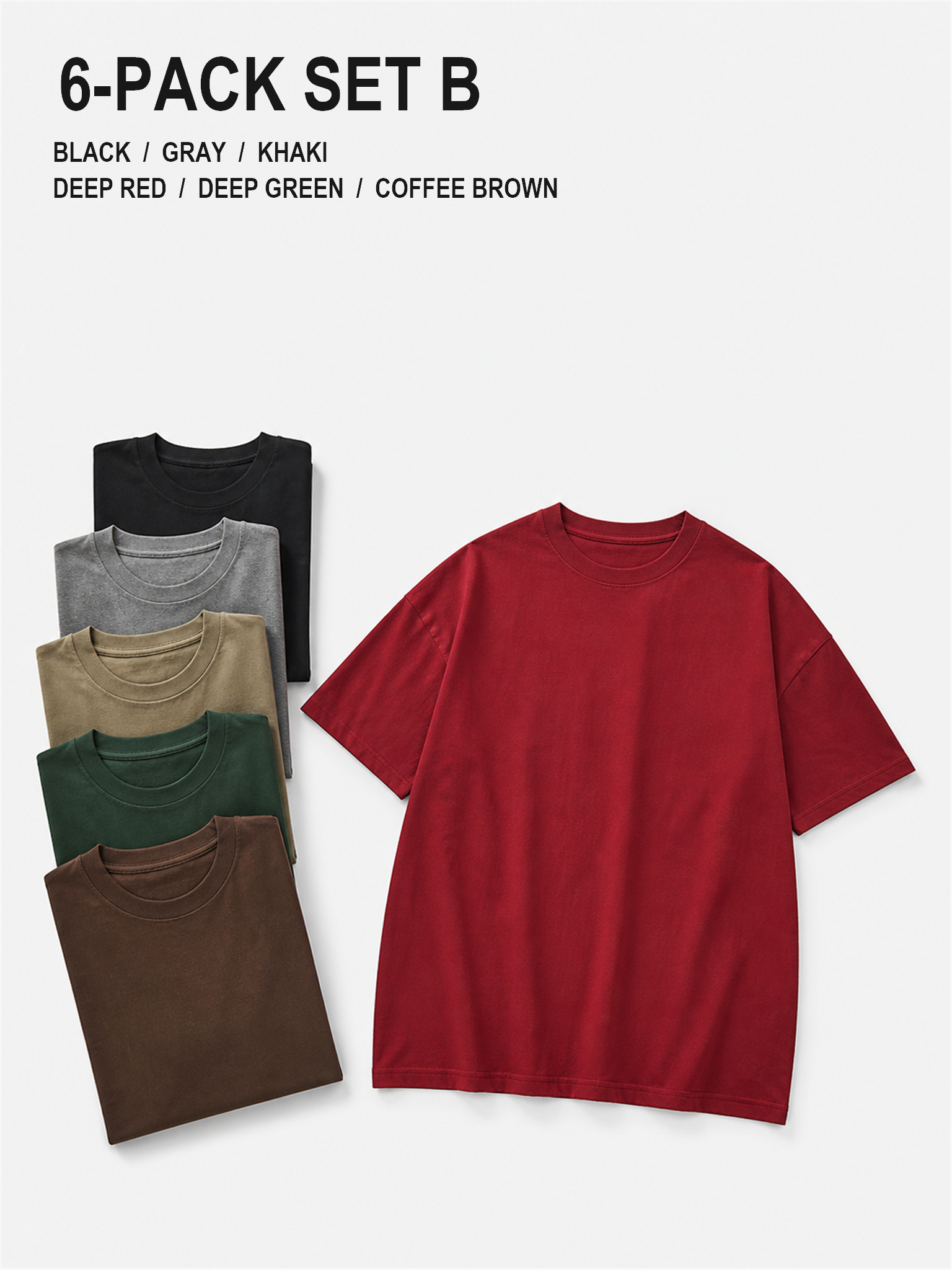 Six-Pack Set B in Black Gray Khaki Deep Red Deep Green and Coffee Brown