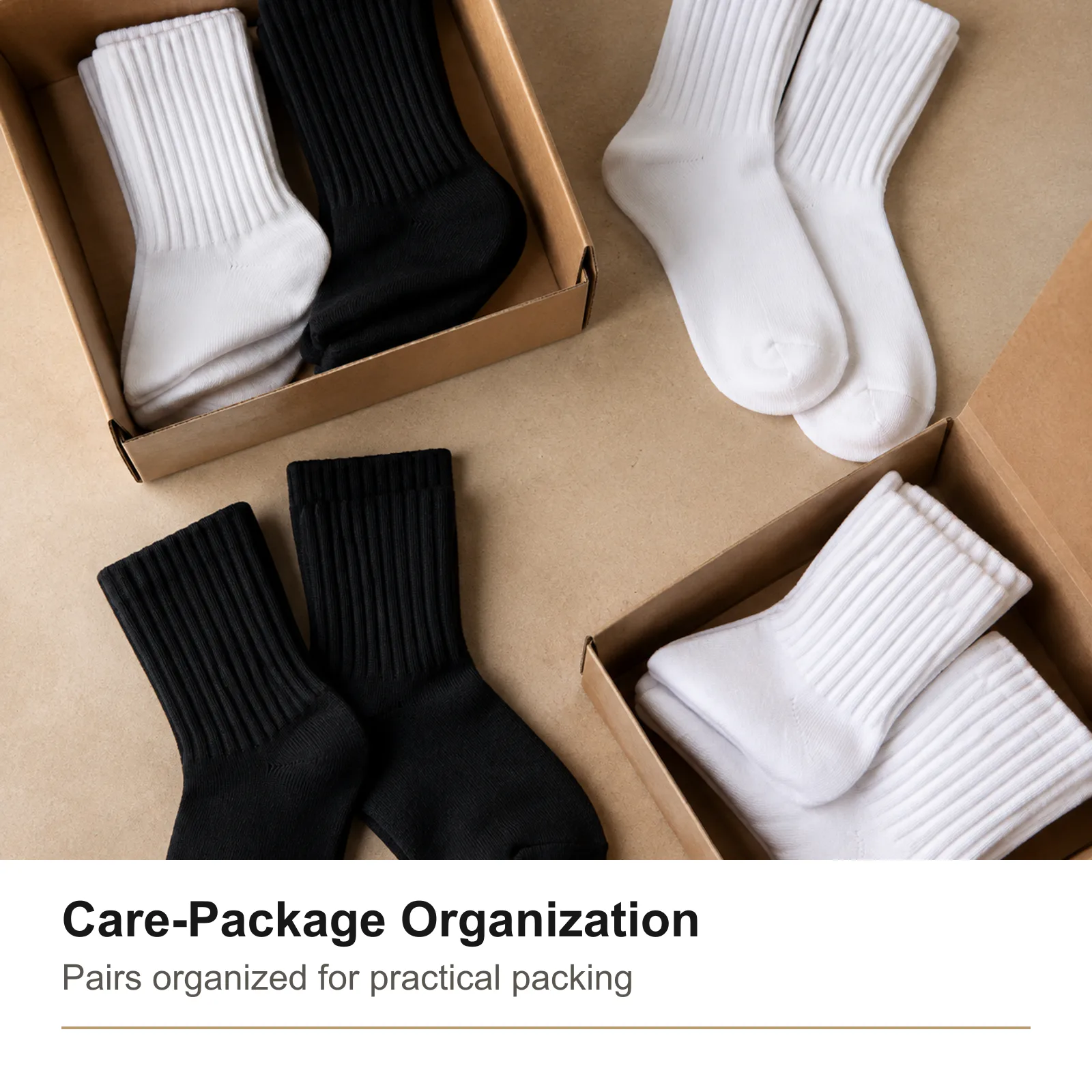 Black and White sock pairs organized for care packages