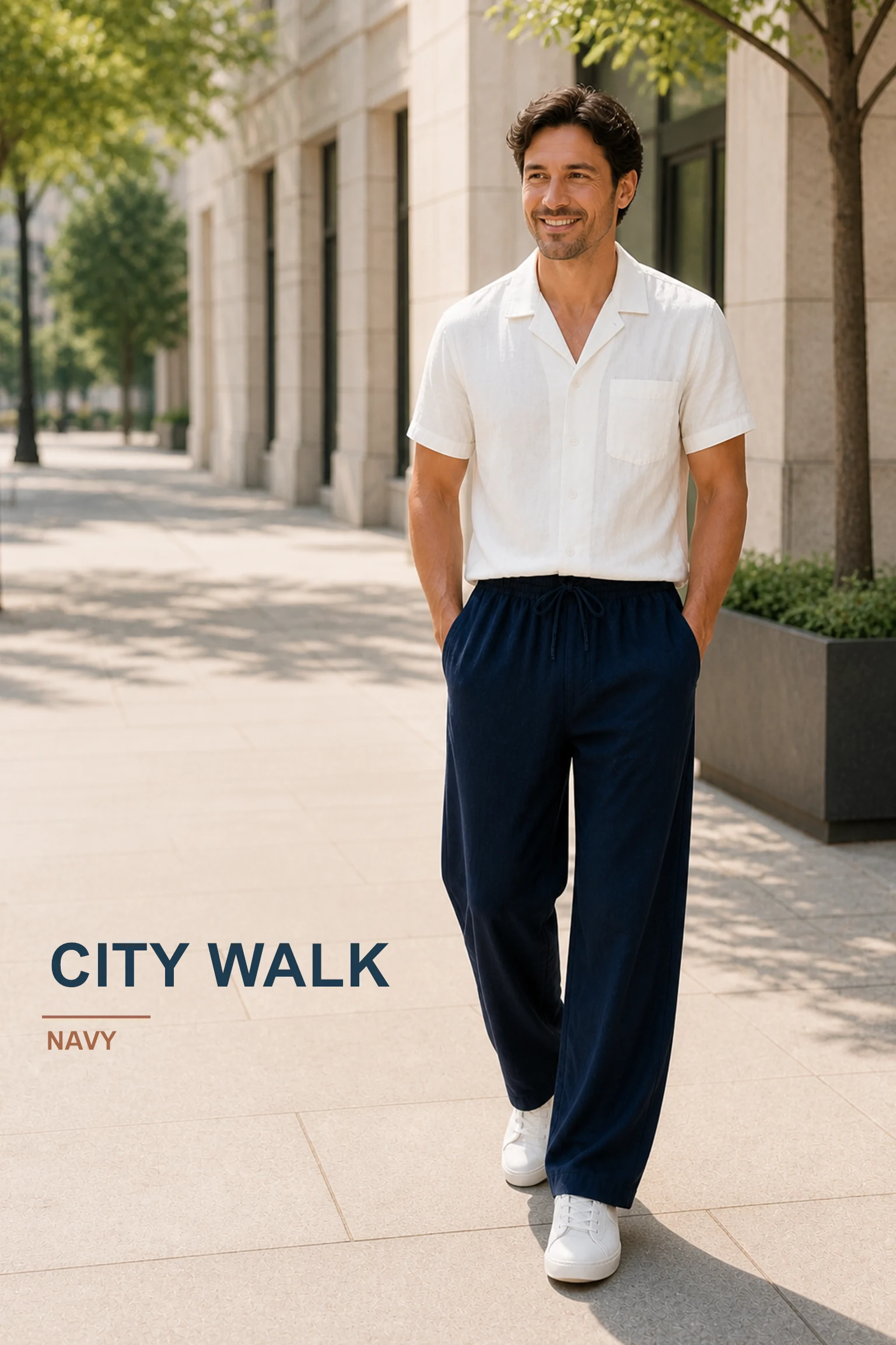 City walk styling scene with navy wide-leg pants