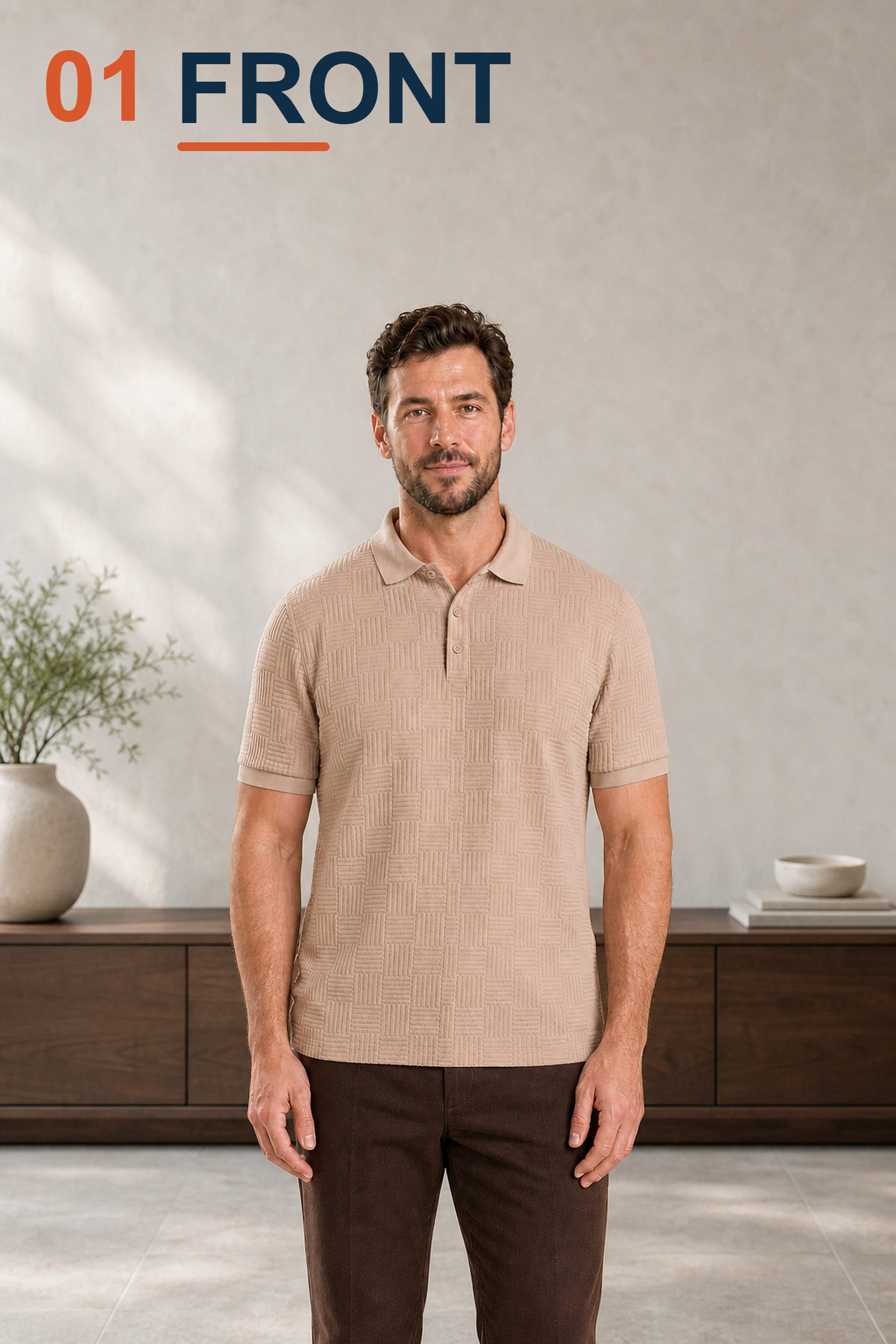 Front view of men's Beige textured polo in a modern showroom