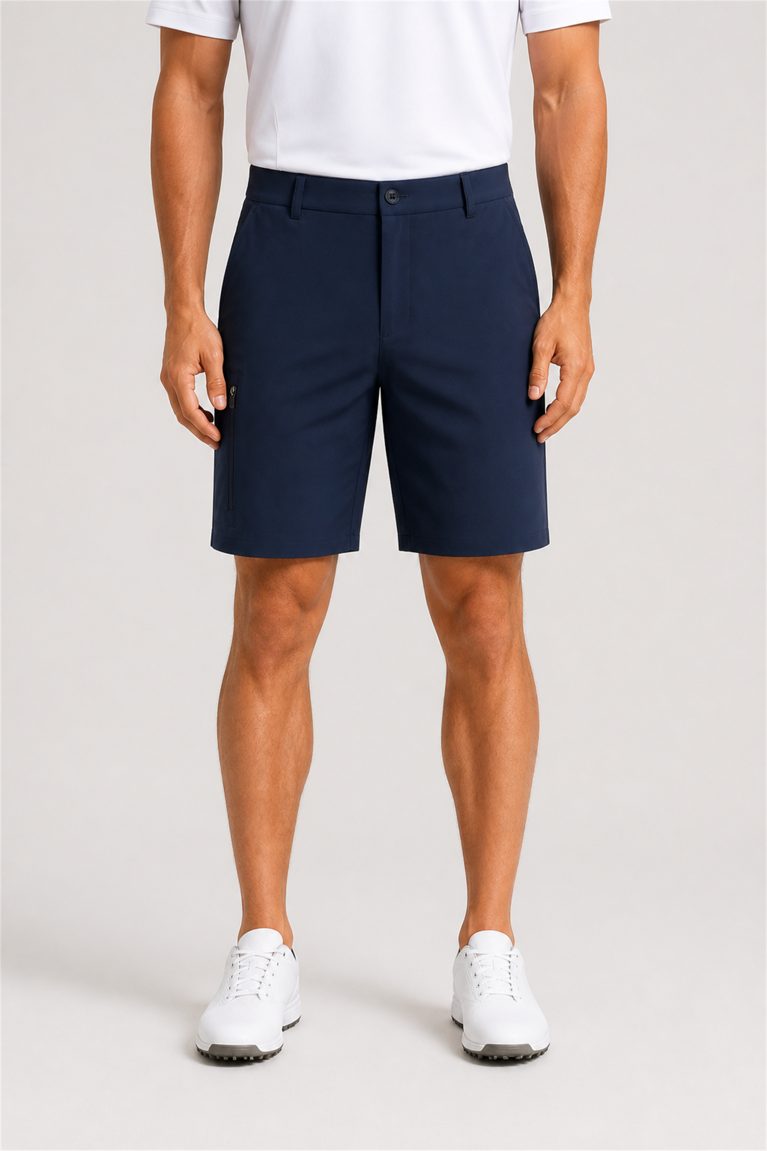 Front view of men's thigh-zip golf shorts