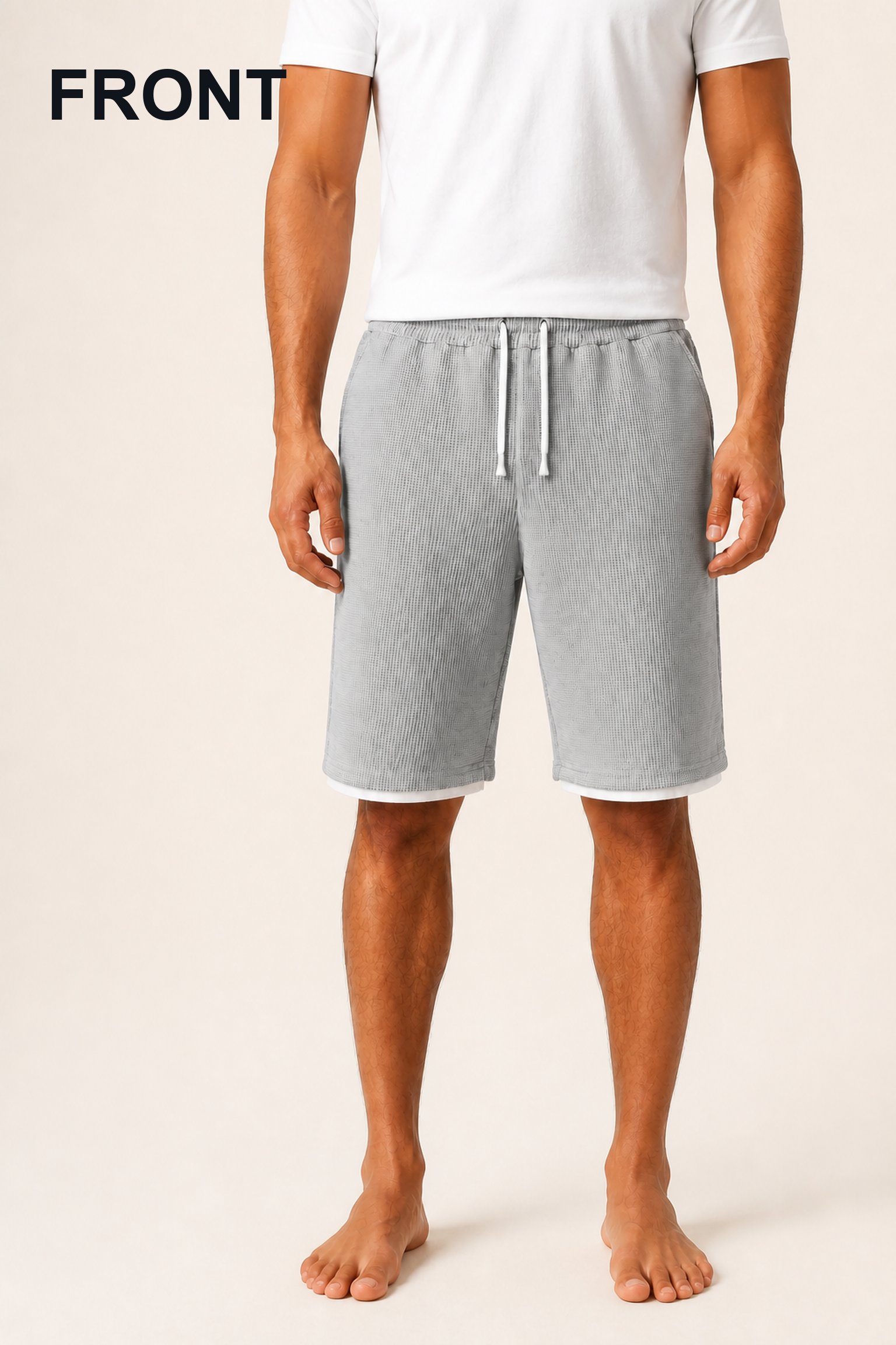 Front view of men's knee-length drawstring shorts