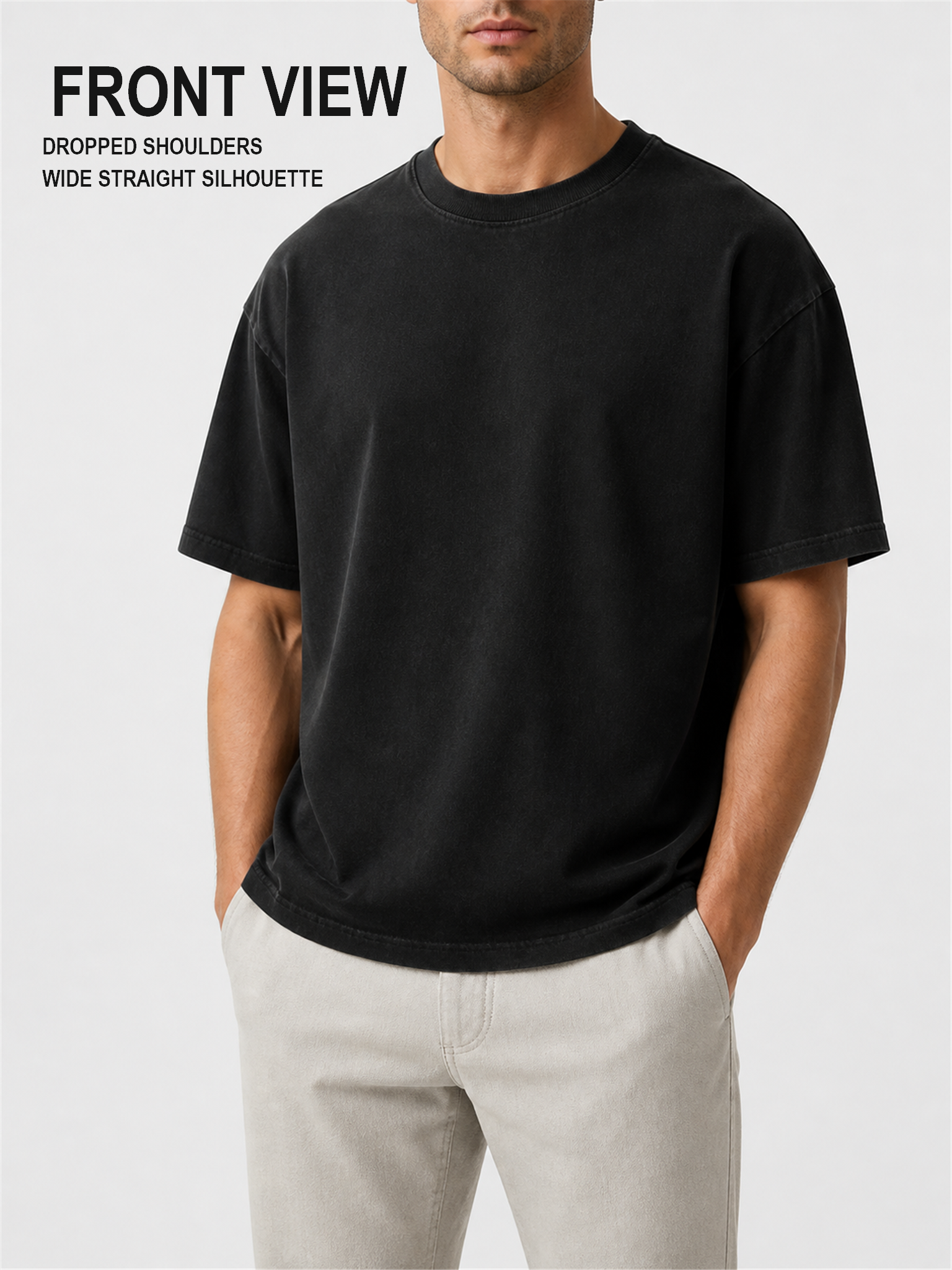 Male model front view showing dropped shoulders and a wide straight T-shirt silhouette