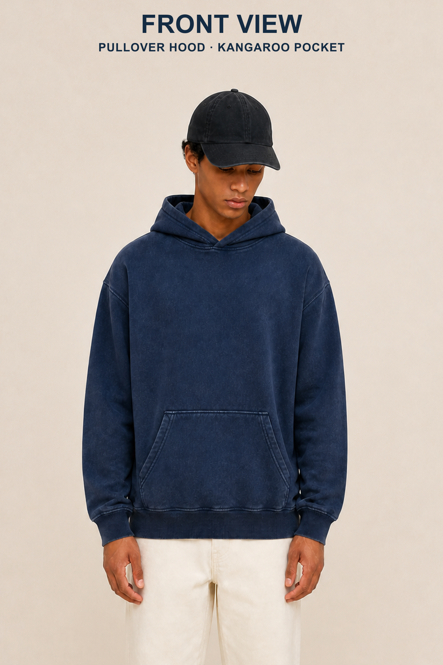 Large complete-head front view of an adult model wearing the Navy washed pullover hoodie