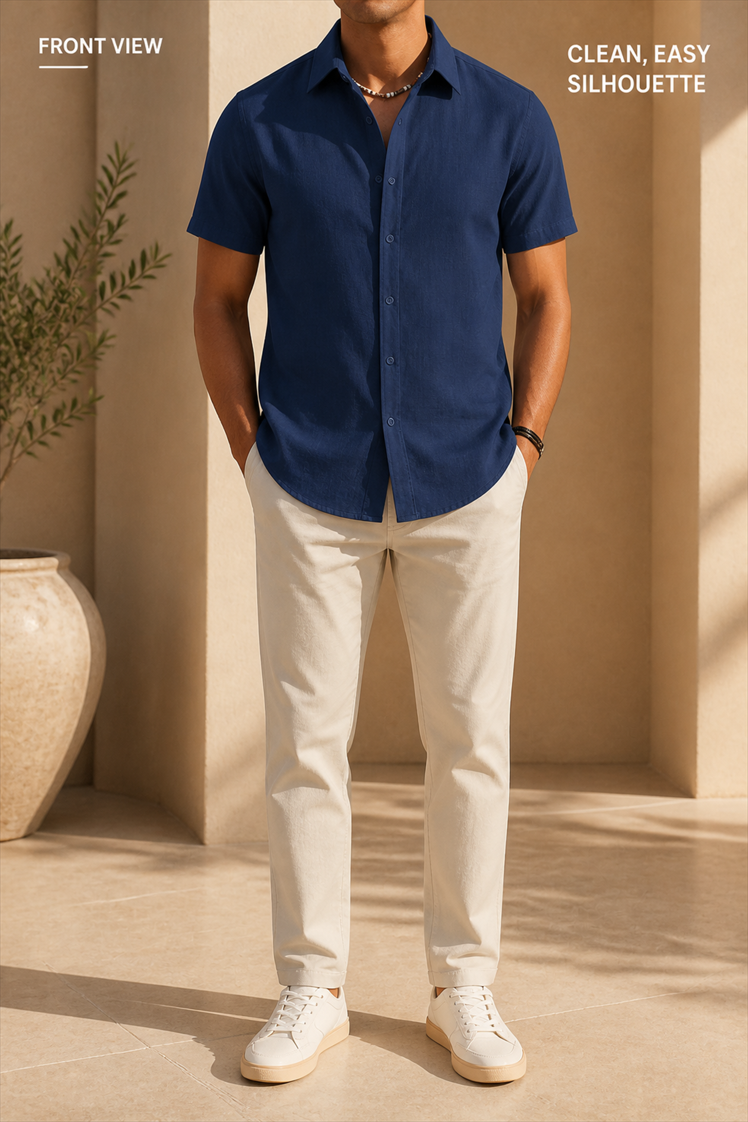Front view of navy short sleeve point collar button up shirt
