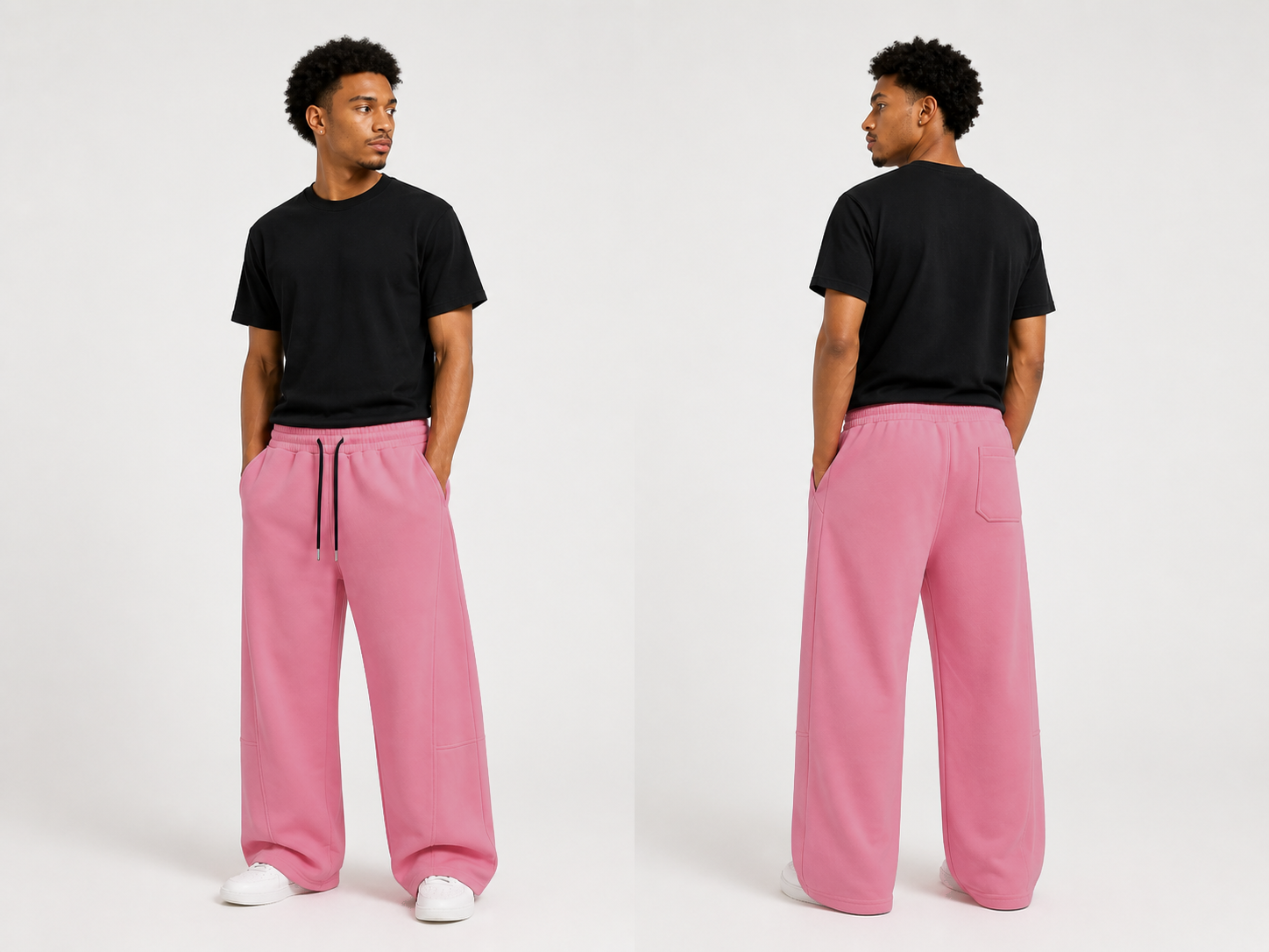 Front and rear three-quarter views of pink wide-leg sweatpants