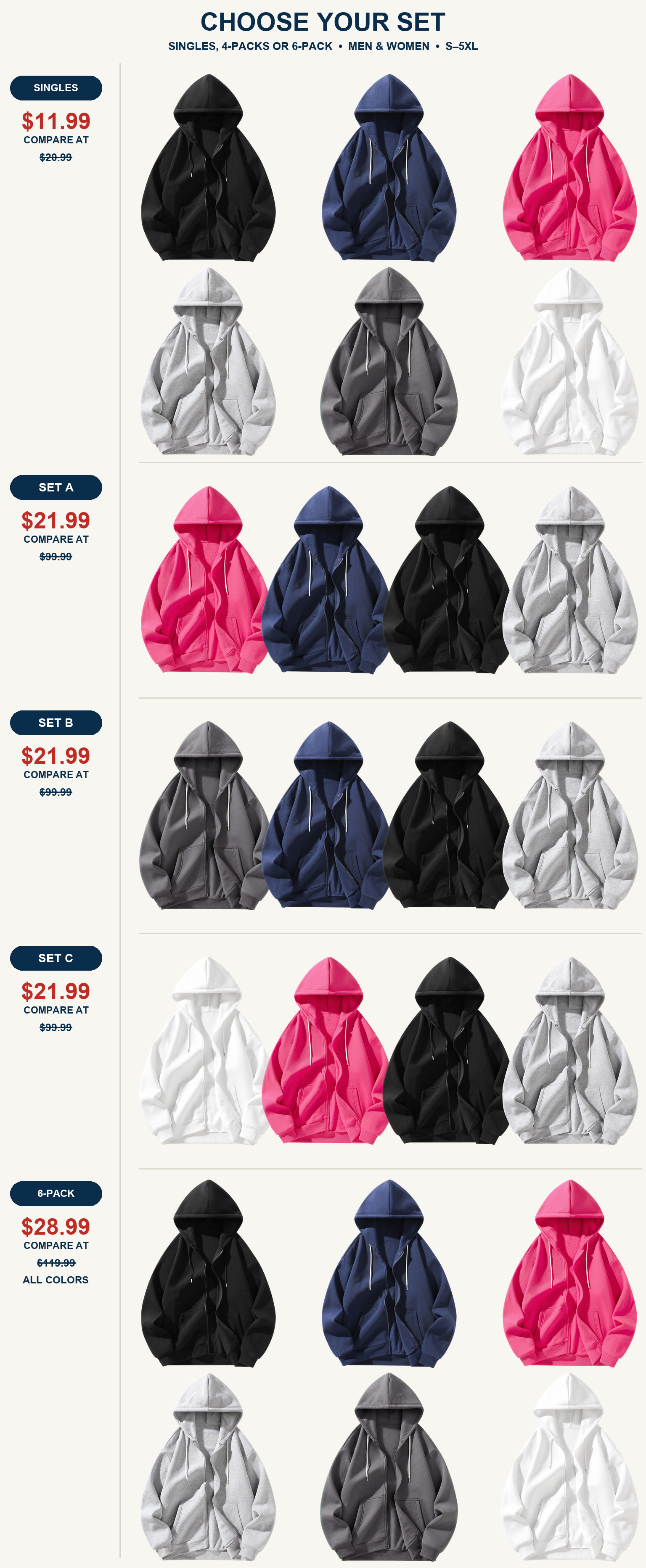 Six single hoodie colors, three distinct four-piece sets and one six-piece all-color set
