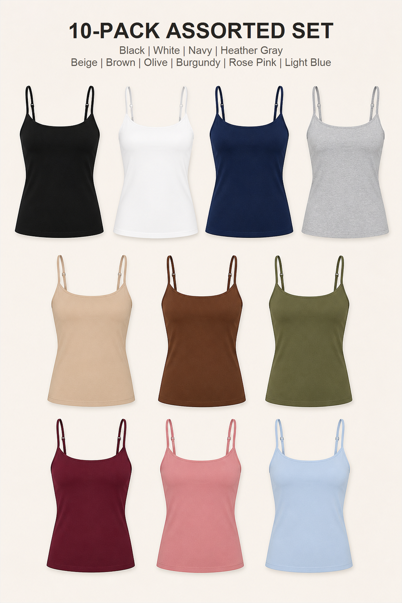 10-Pack Assorted Set in Black, White, Navy, Heather Gray, Beige, Brown, Olive, Burgundy, Rose Pink and Light Blue
