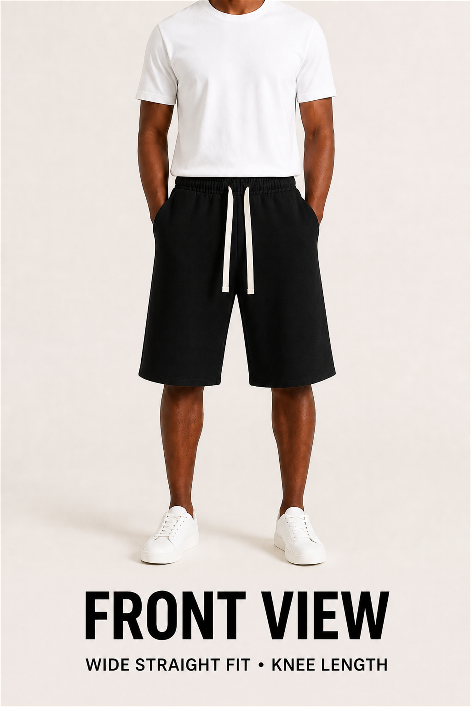 Black unisex wide straight knee-length shorts front view
