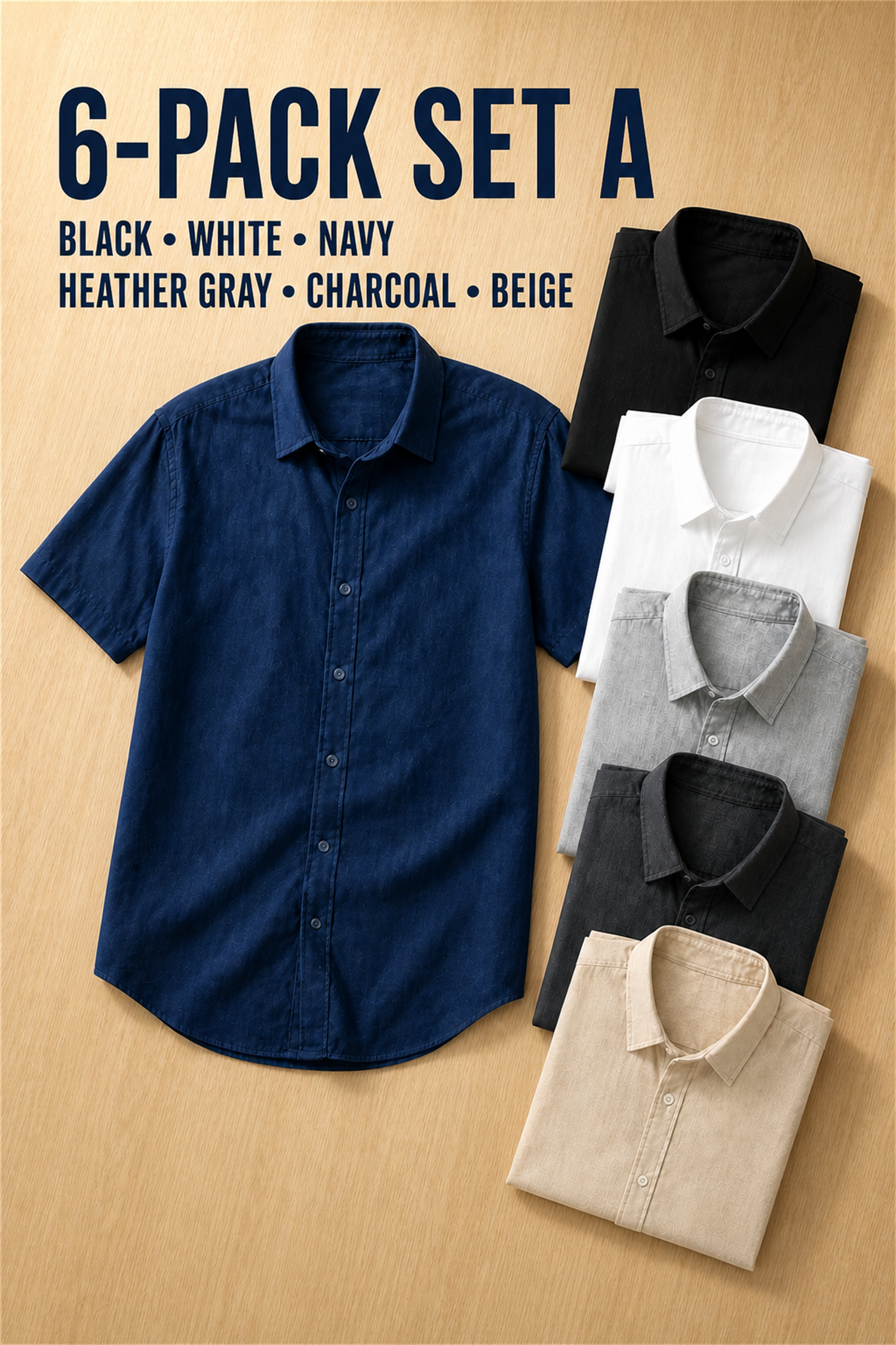 6-Pack Set A in Black White Navy Heather Gray Charcoal and Beige