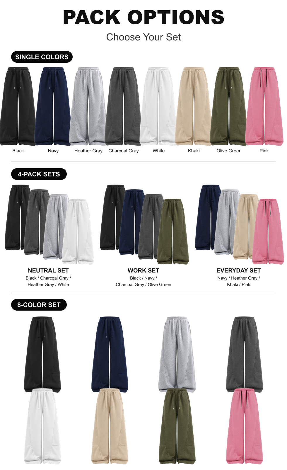 Eight single colors three four-piece sets and one eight-color set