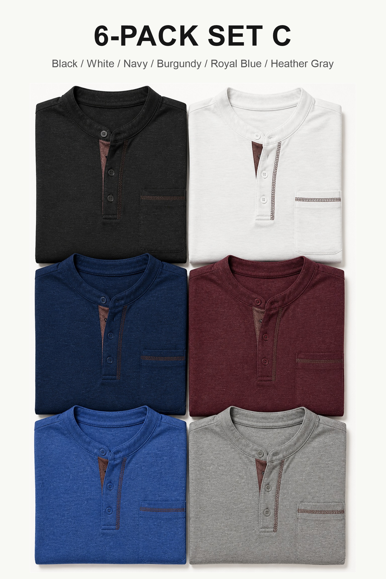 6-Pack Set C with six large Henley shirts in Black White Navy Burgundy Royal Blue and Heather Gray