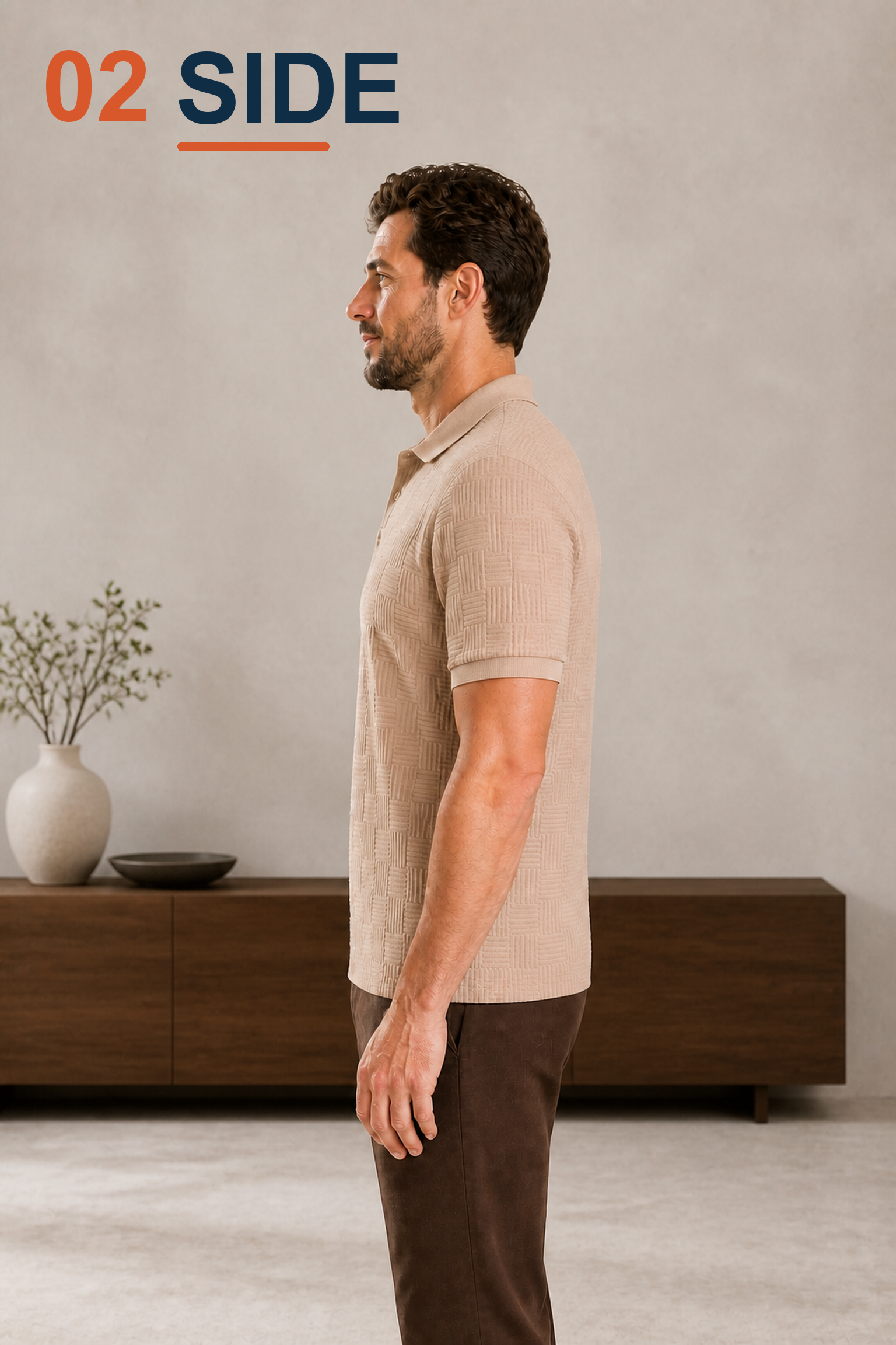 Side view of men's Beige textured polo in a modern showroom