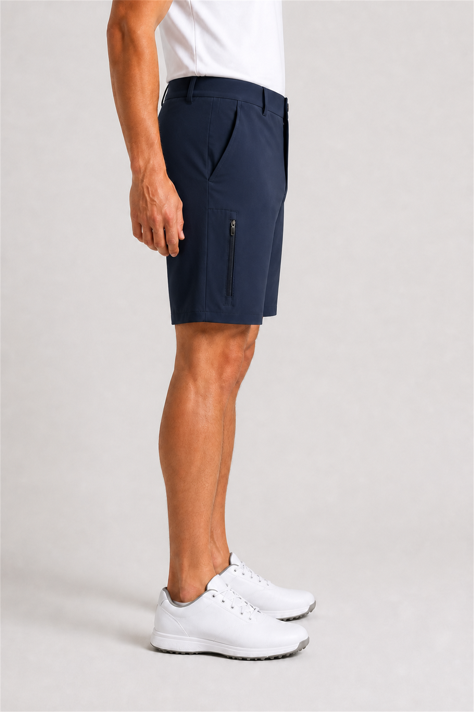 Side view with secure vertical thigh zipper pocket