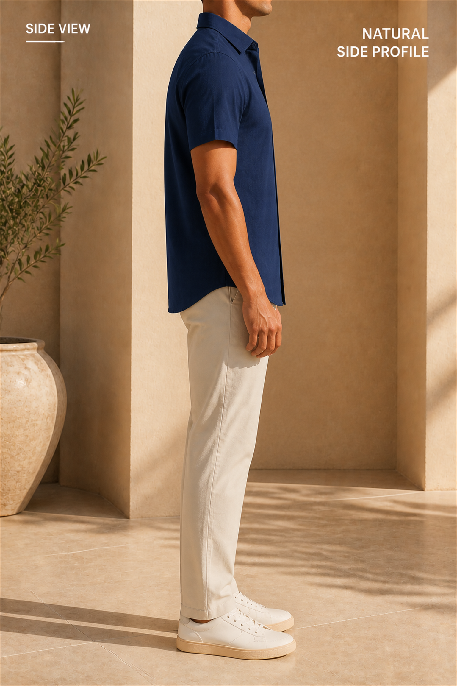 Side profile of navy short sleeve shirt showing side seam and curved hem