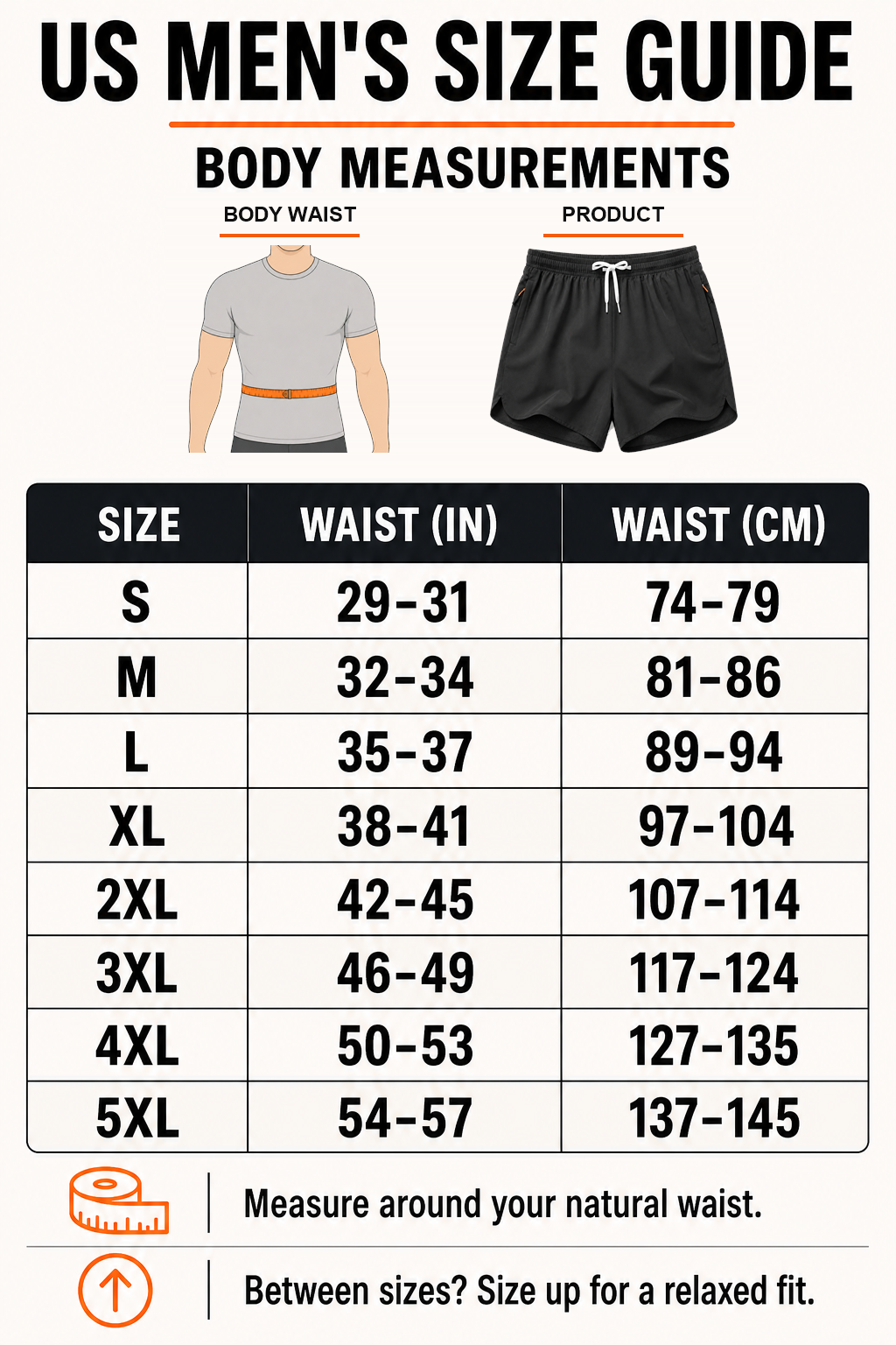US men's body-waist size guide from S to 5XL