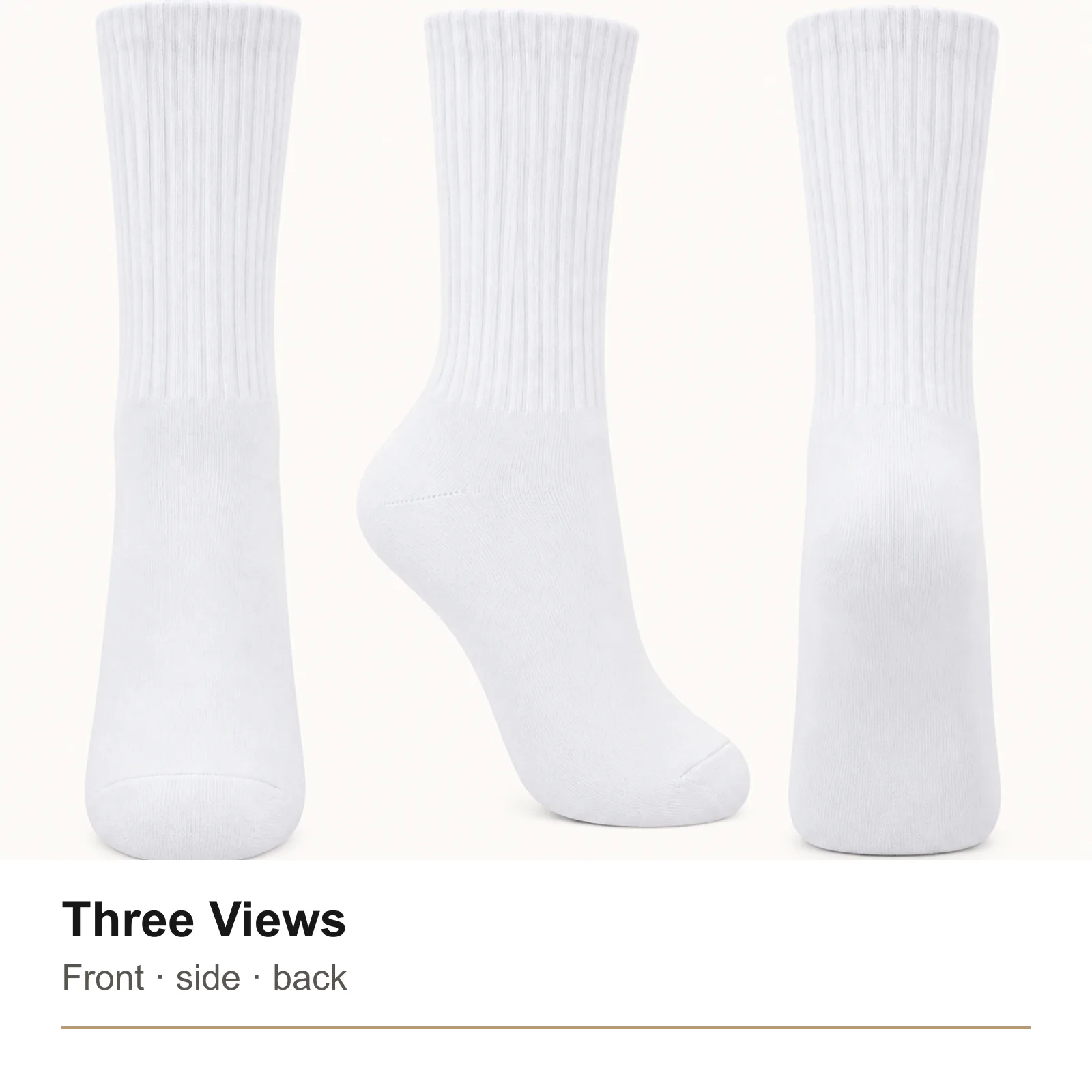 Three views of a White mid-calf sock