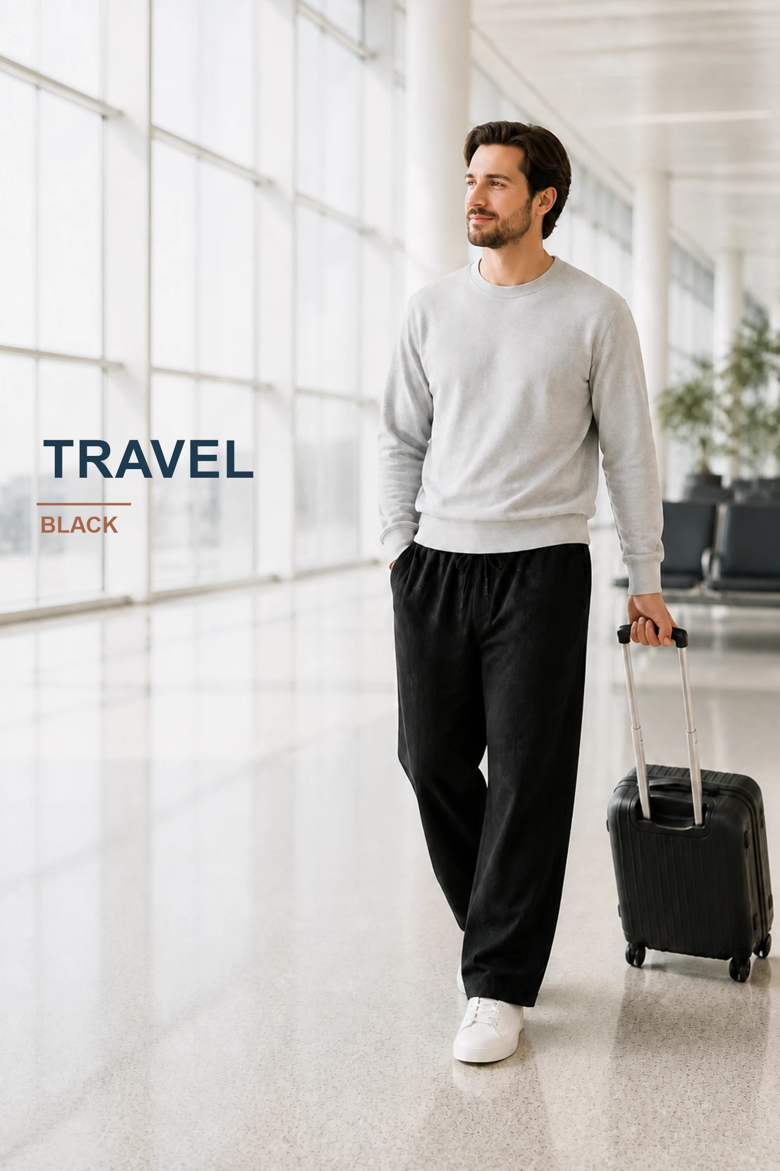 Travel styling scene with black wide-leg pants